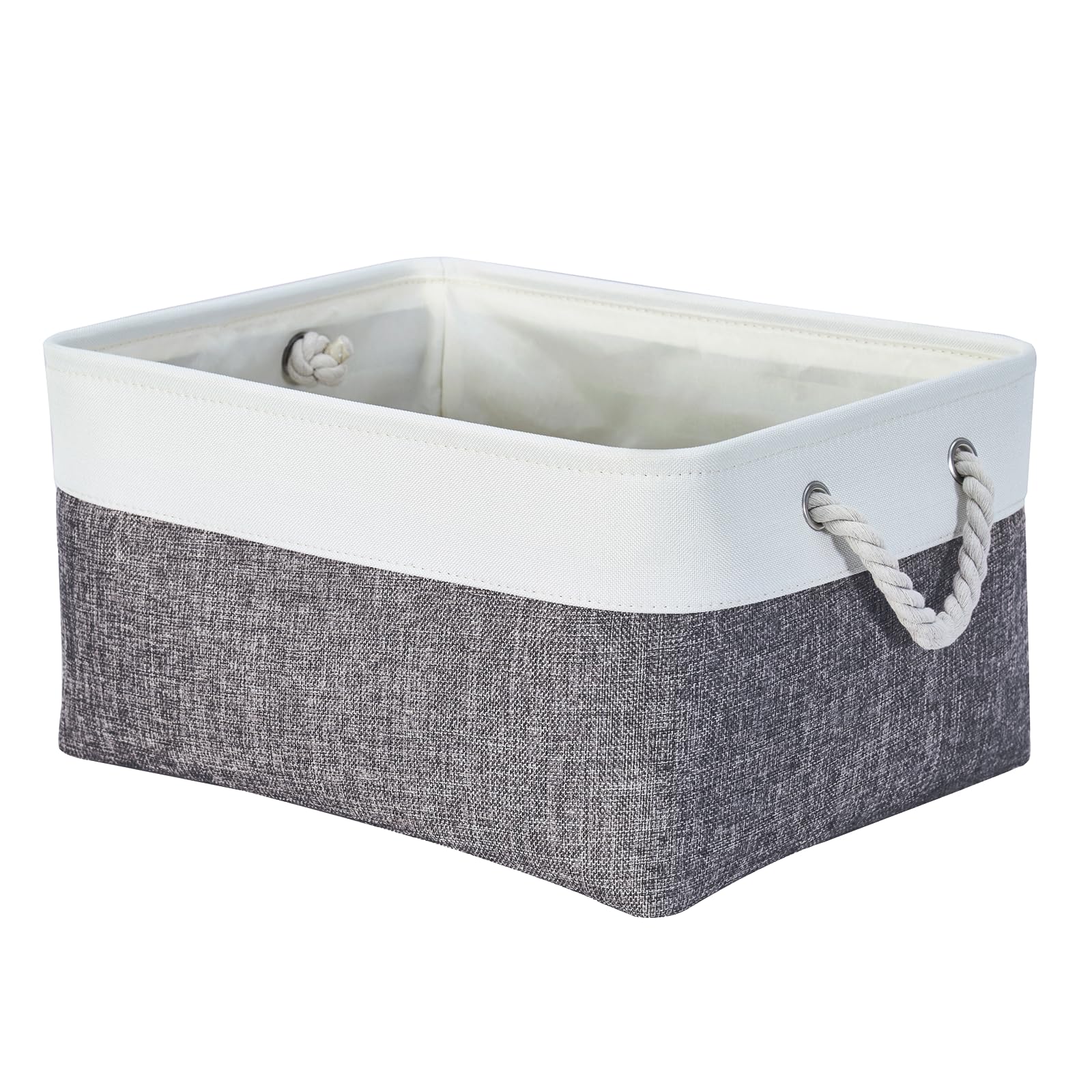Mangata Soft Fabric Storage Basket with Rope Handles, 41x31x18 cm, Rectangular Shelf & Wardrobe Organiser Box, Linen Storage Bin for Bathroom, Bedroom, Nursery, Dark Grey & White(Large)