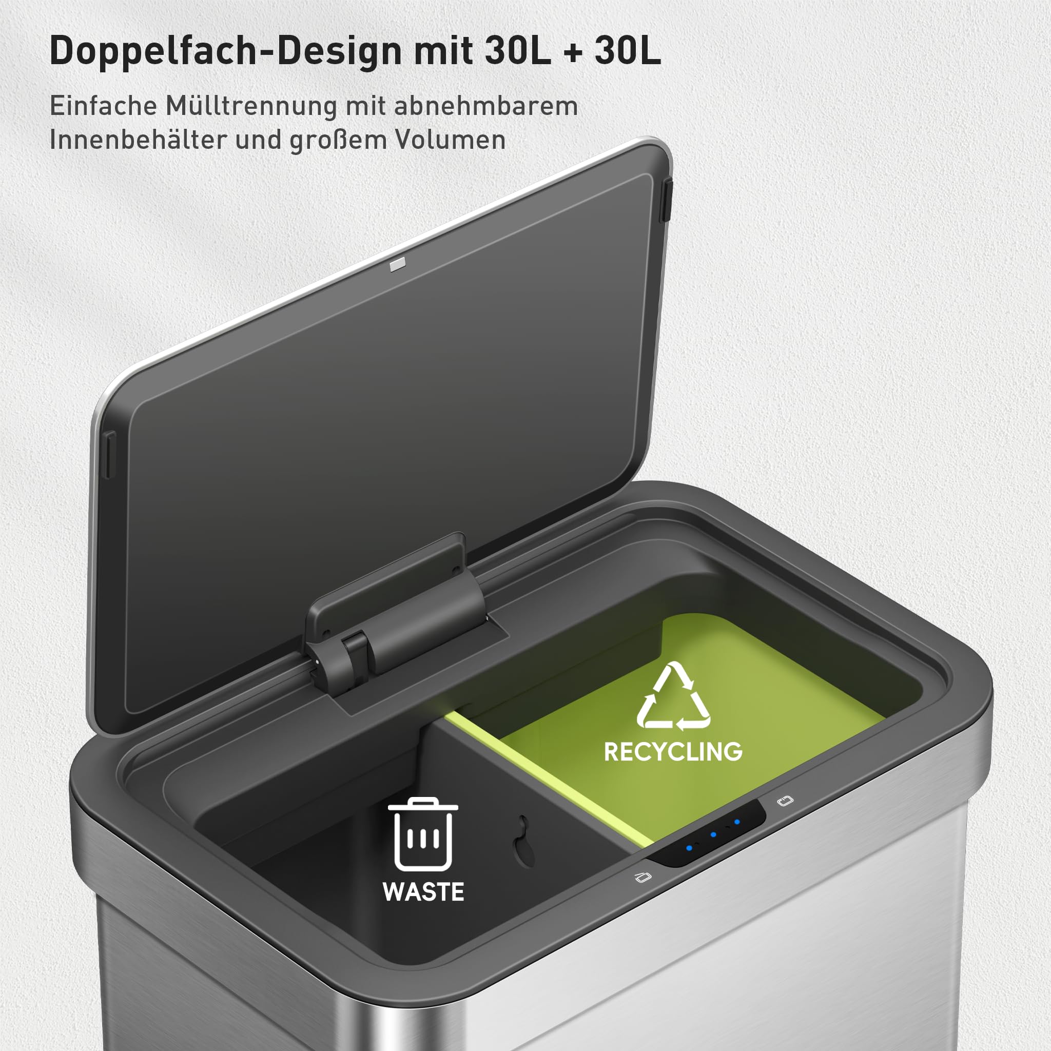 EKO NOVA Mülleimer mit Sensor 2 x 30L Edelstahl Softclose fingerabdruckfrei elektrischer Küchenmülleimer