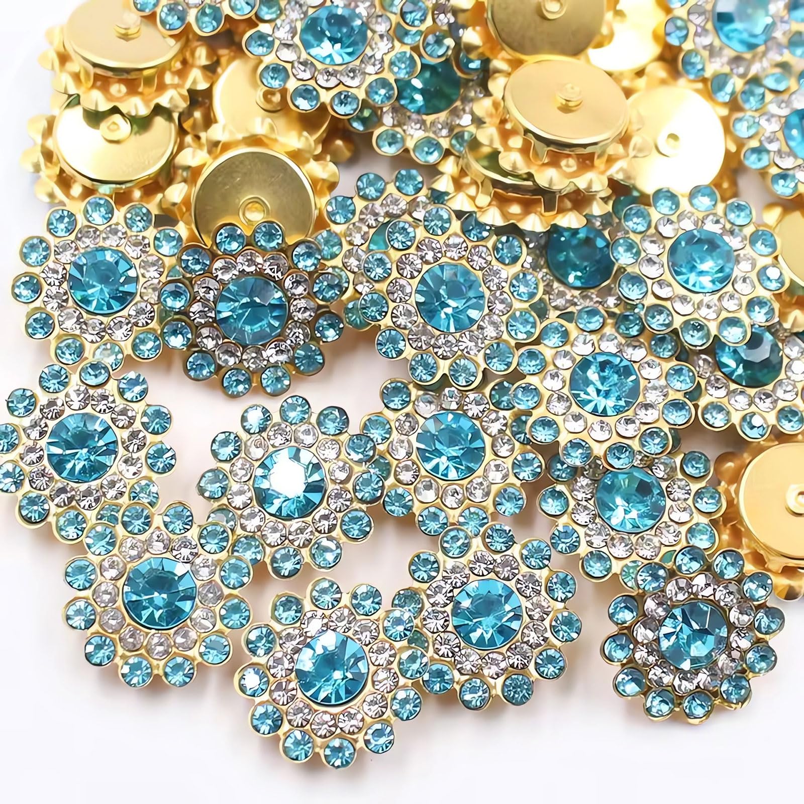 14 mm, 150 Stück Kristalle, Aquamarin-Glas-Edelsteine, zum Aufnähen, Metallsockel, flache Rückseite, Strasssteine zum Basteln, Sonnenblumenform, Edelsteine zum Nähen, Hüte, Juwelen, Basteln, Kleidung