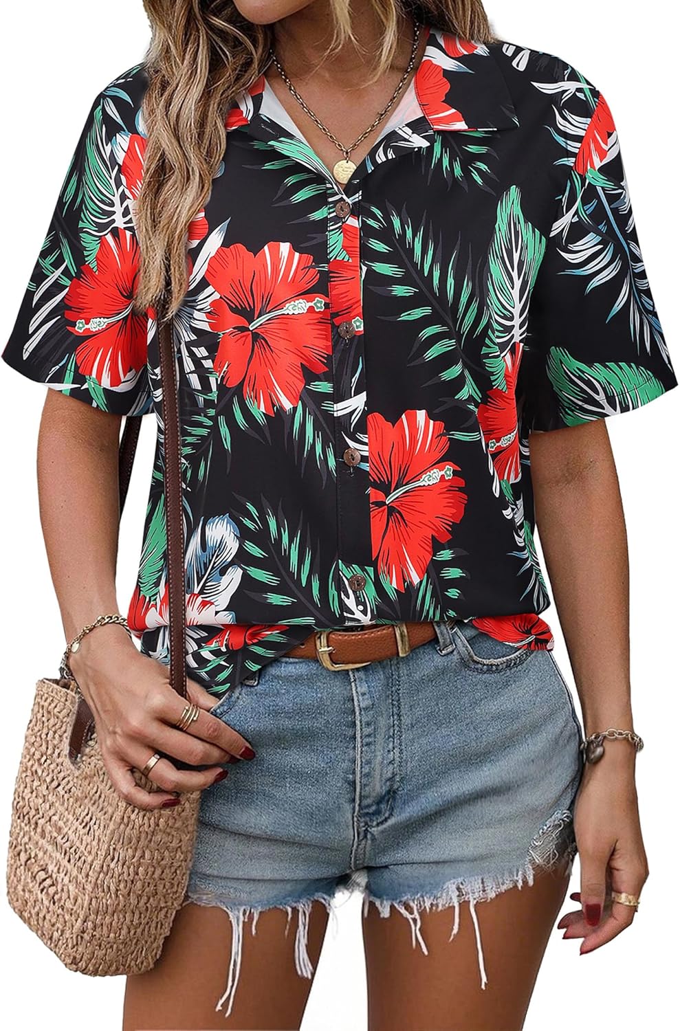 ChainJoy Women's Hawaiian Shirts Short Sleeve Button Down Soft Cool Floral Tropic Print Casual Blouse Tops