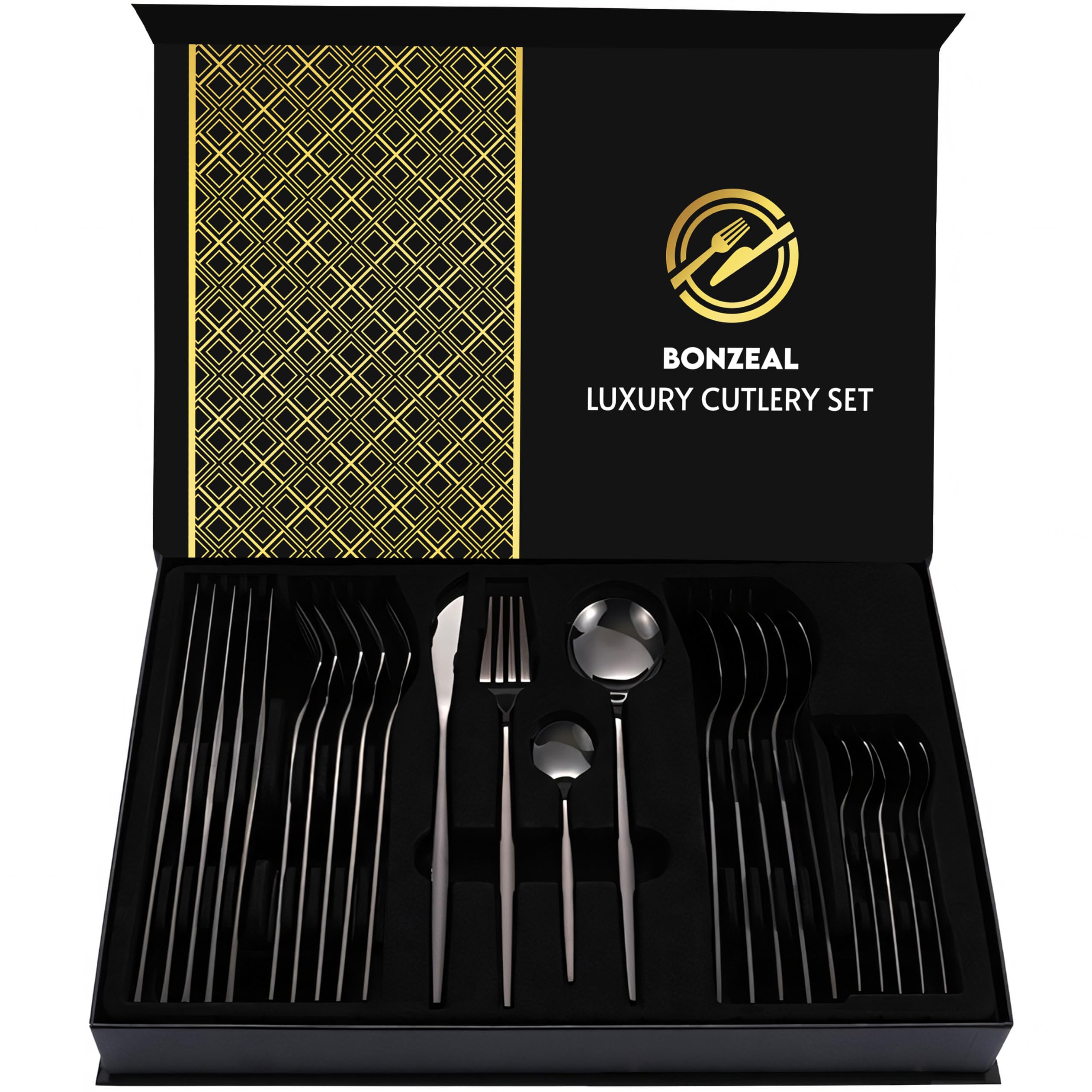 24 Pieces Black Cutlery Set for 6 Person Mirror Finish Stainless Steel Premium Flatware Set House Warming Gifts for New Home Cutlery Set for Hotel Cafe Bar Restaurant Wedding Ceremony