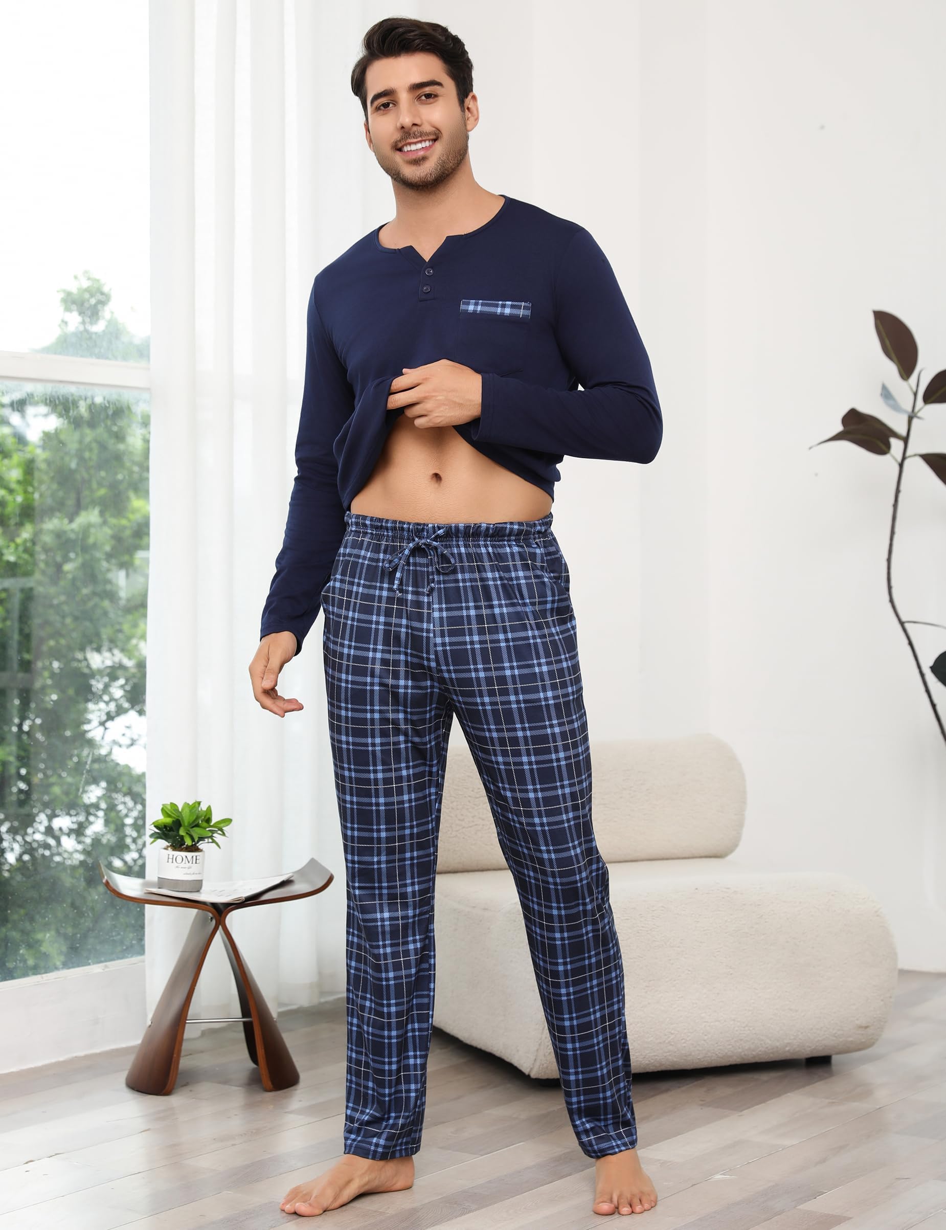 Bresdk Schlafanzug Herren Pyjama Set Lang Baumwolle mit 2 Knöpfen Zweiteilige Nachtwäsche