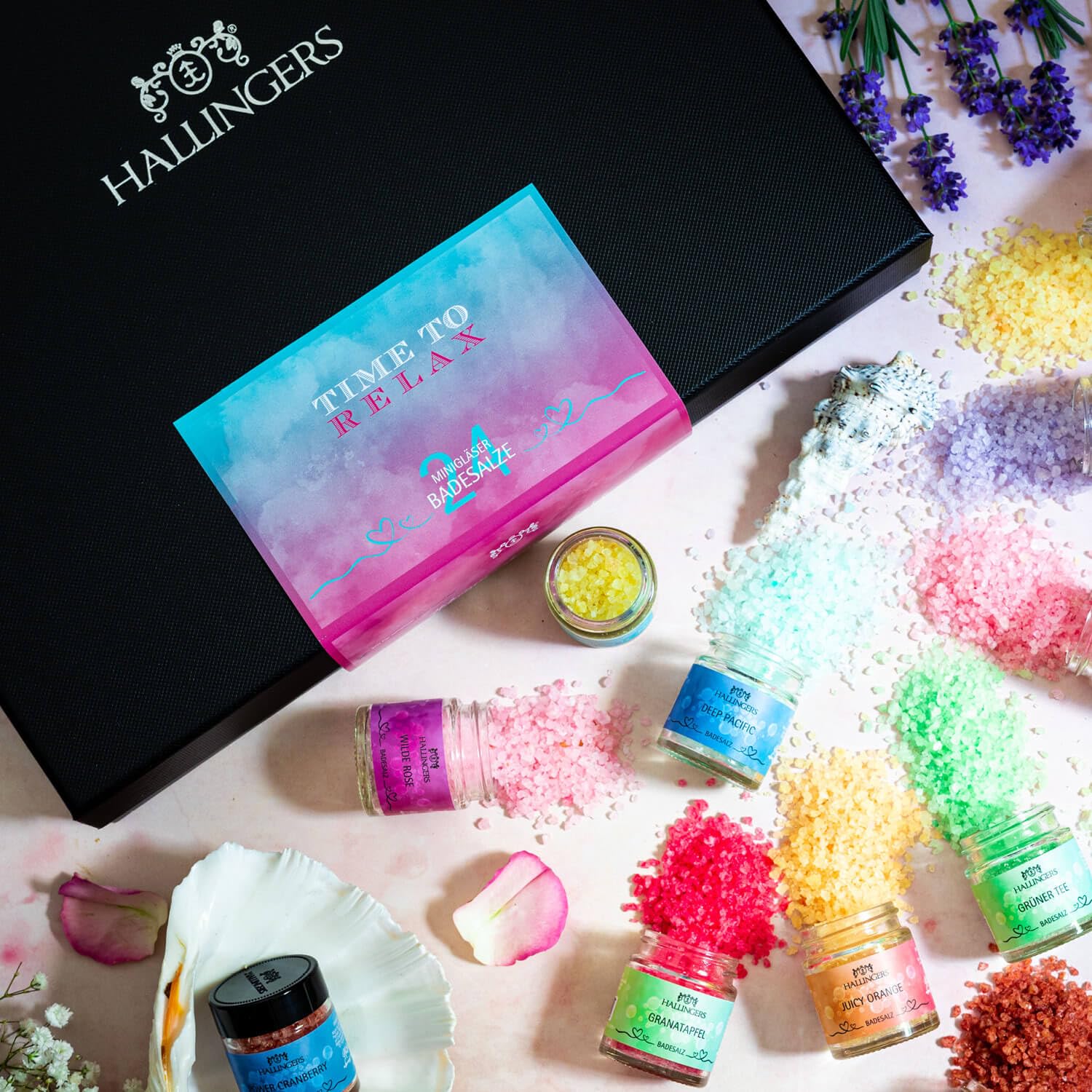 Hallingers Genuss Manufaktur Badesalze Geschenk-Set - 24x Badezusatz mit Totes Meer Badesalz edle Geschenkbox, Badekristalle Fußbad & Spa "Time to Relax", Geschenkidee für Frauen Männer