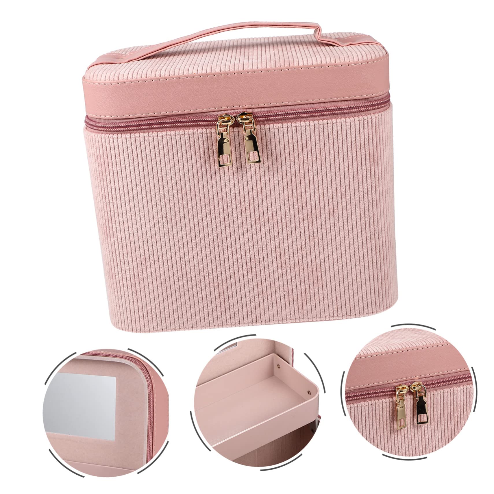Großer Kosmetikkoffer mit Make Up Kasten mit LED Spiegel Zweilagig aus Corduroy Tragbar für Reisen und Persönliche Aufbewahrung Inklusive Spiegel