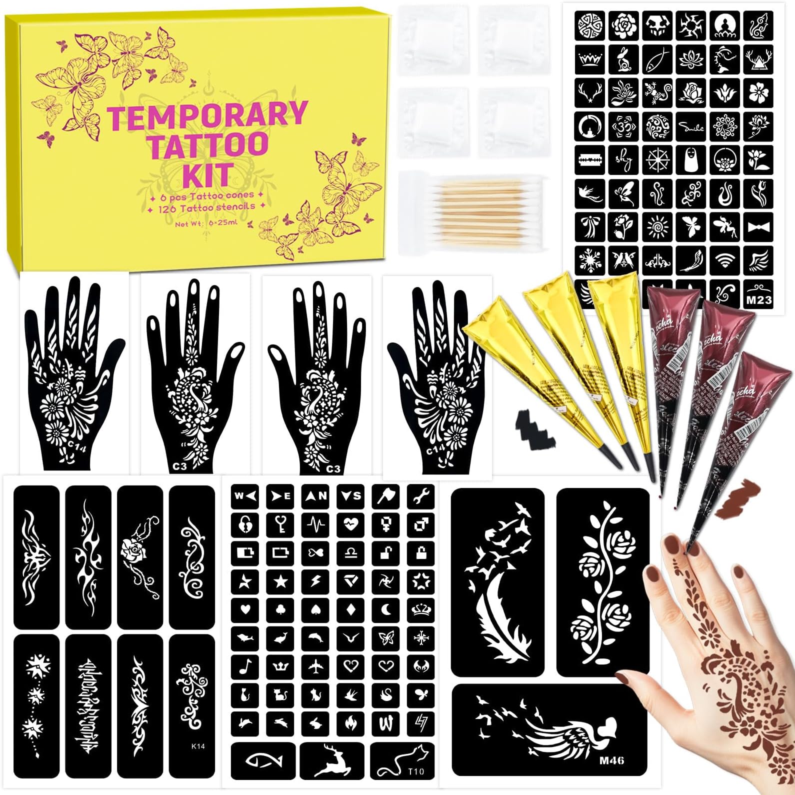 126 PCS Temporary Tattoos Stencils Kit,Temporary Tattoos Kit - 6 Pcs 2 Color(Brown Black) Ink with Gloves,DIY Body Art Painting for Women Men Adults Kids