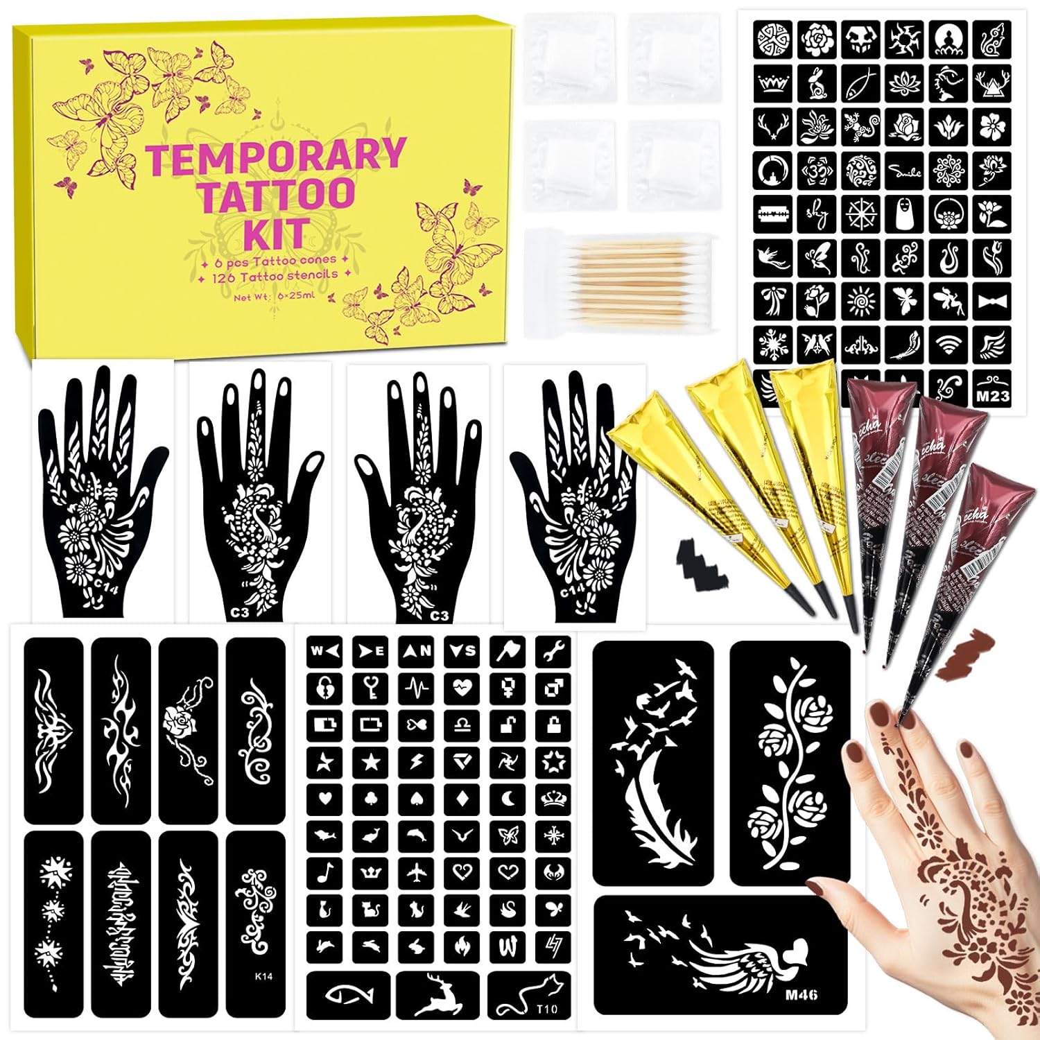 MuseLuxe Temporary Tattoos Stencils Kit,Temporary Tattoos Kit - 8 Pcs 4 Color(Brown,Black,Cherry red,Green), Ink with Gloves,DIY Body Art Painting for Women Men Adults Kids