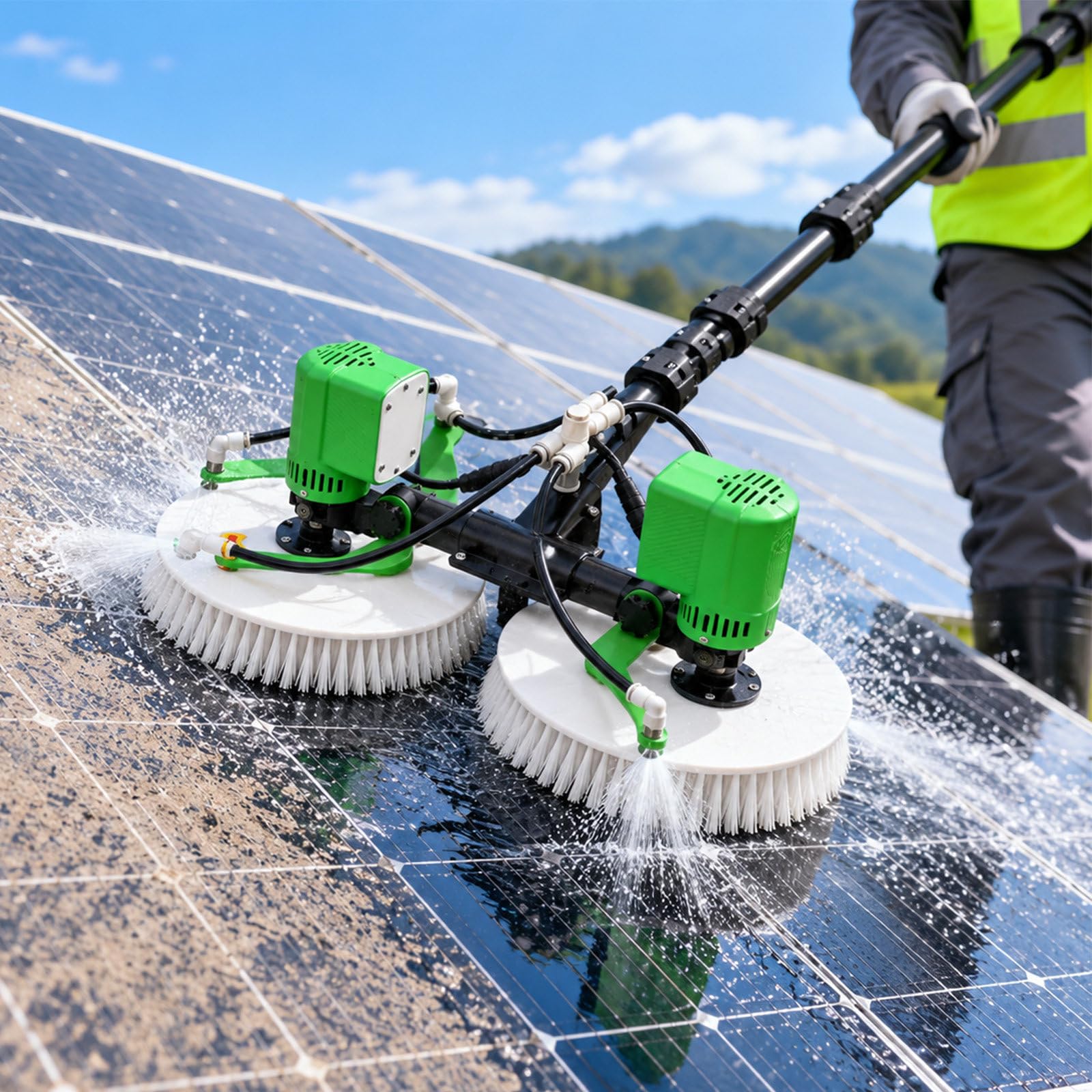 Cepillo Limpieza Paneles fotovoltaicos con pértiga de Agua, Motor Giratorio sin escobillas con Agua distribuida de 4 Puntos 3.5m/11.48ft-Mainspower