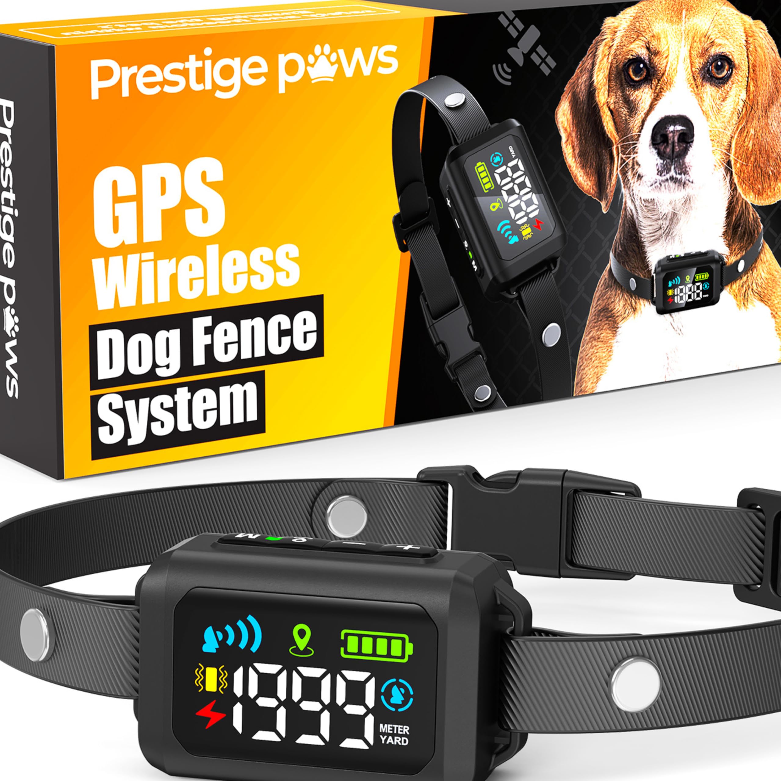 Prestige Paws GPS Wireless Dog Fence - No Monthly Fee, Waterproof Pet Containment System with Smart Shock Collar - Safe GPS Tracker for Dogs - Adjustable, Rechargeable, Easy Setup