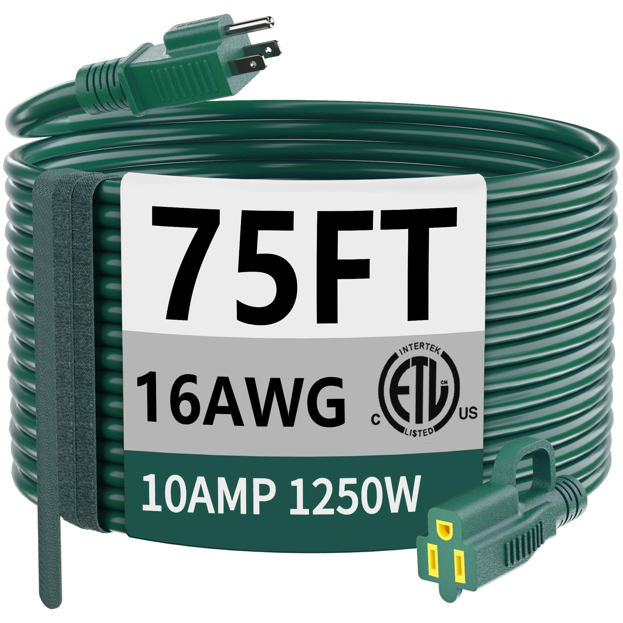HUANCHAIN 16/3 Gauge Indoor Outdoor Green Extension Cord 75 ft Waterproof