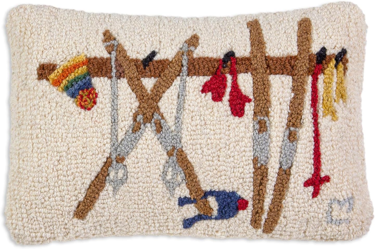 Chandler 4 Corners Artist-Designed Ski Rack Hand-Hooked Wool Decorative Throw Pillow (12 in x 18 in) Ski Pillow for Couches & Beds - Easy Care, Low Maintenance Winter Snow Pillow for Cabins & Lodges