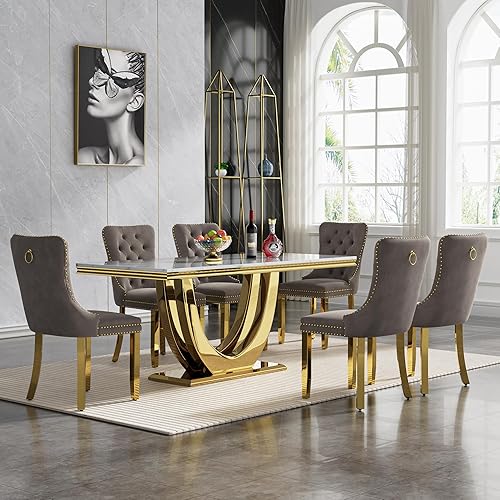 Miniatura 18 de Juego de mesa de comedor de mármol de 9 piezas para mesa de comedor grande de mármol blanco de 8 y 94 pulgadas con base de acero inoxidable en forma