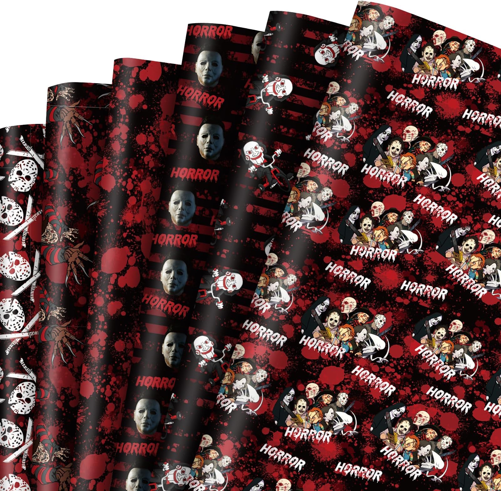 AnyDesign 12 Sheet Halloween Wrapping Paper 6 Style Horror Character Prints Gift Wrap Paper Folded Flat Halloween Friends Art Craft Paper for Halloween Birthday Party DIY Gift Wrap, 19.7x27.6 Inch