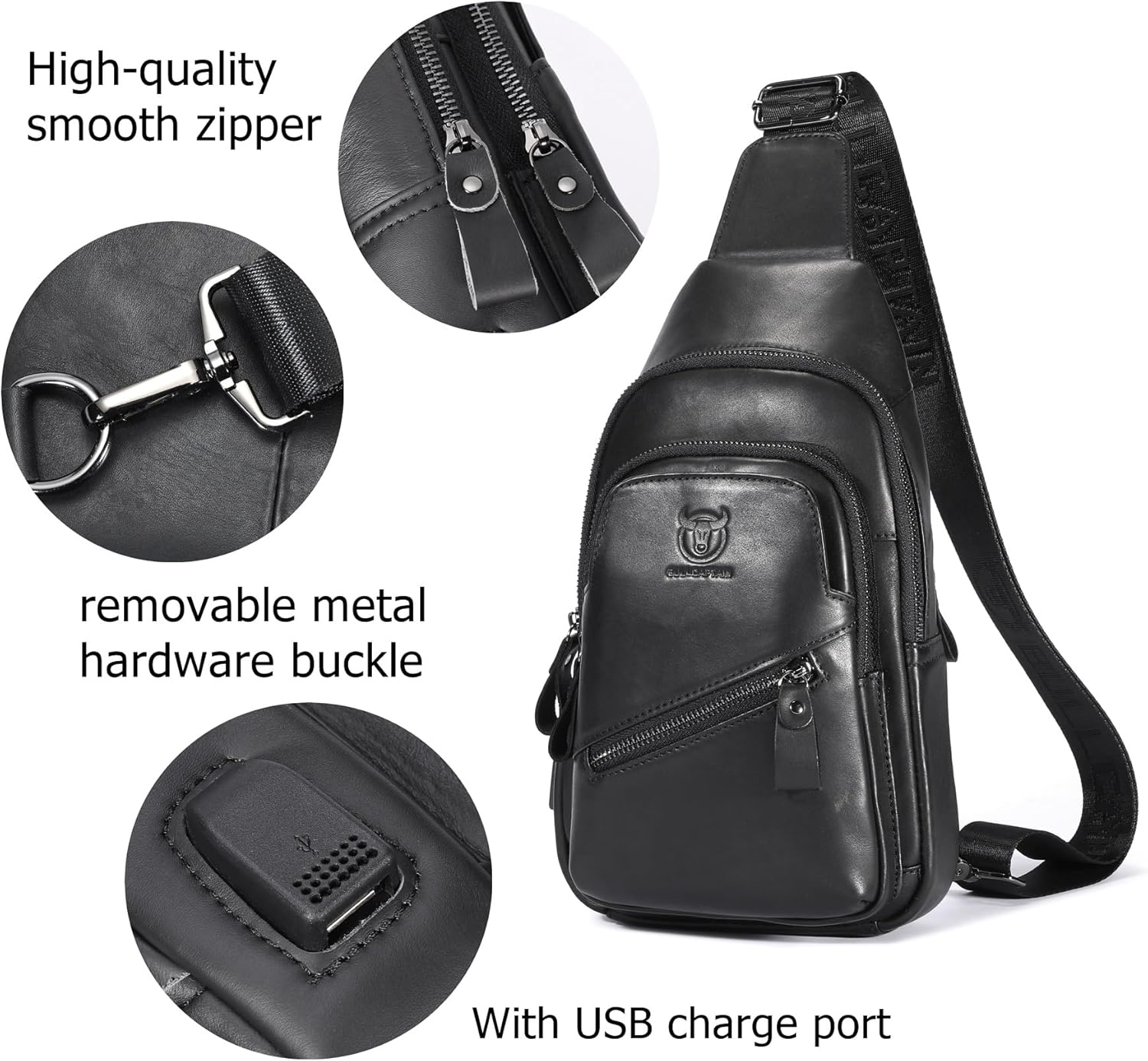 BULLCAPTAIN Leather Sling Chest Bag for Men Outdoor Hiking Travel Crossbody Bag Backpack with USB Charging Port (Black) - Image 3