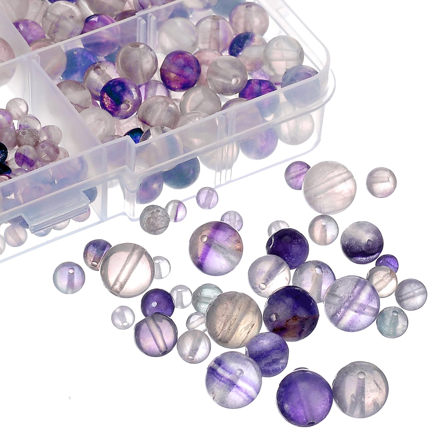 RUBYCA Natural Fluorite Gemstone Round Loose Bead Organizer Plastic Box Jewelry Making Mix Sizes