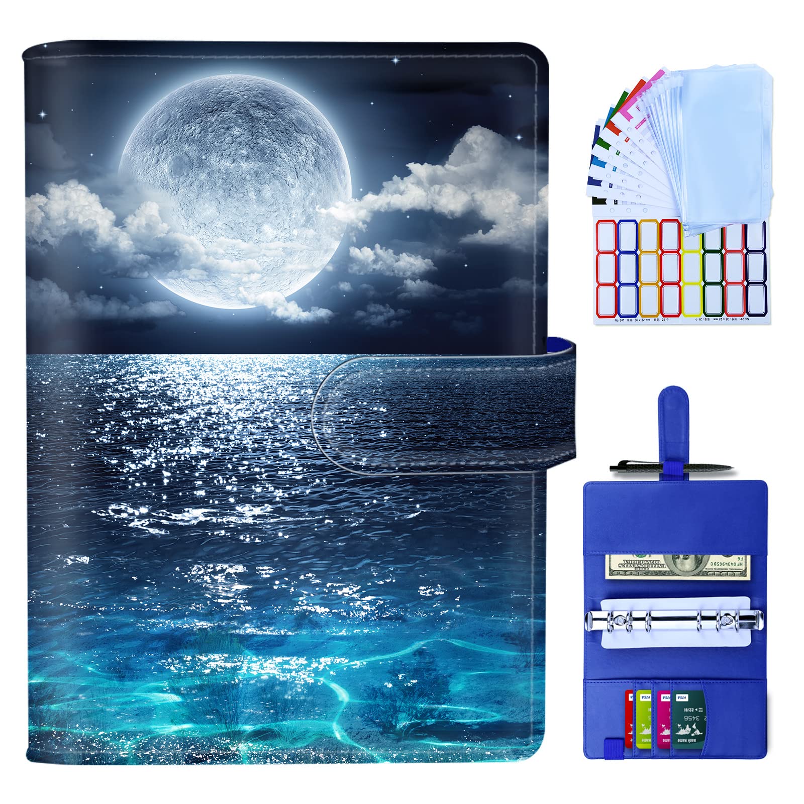 VINEBURY Budget Binder Planner, Cash Envelopes for Budgeting Money Organizer, PU Leather Binder Book with Zipper Envelopes - Sea&Moon