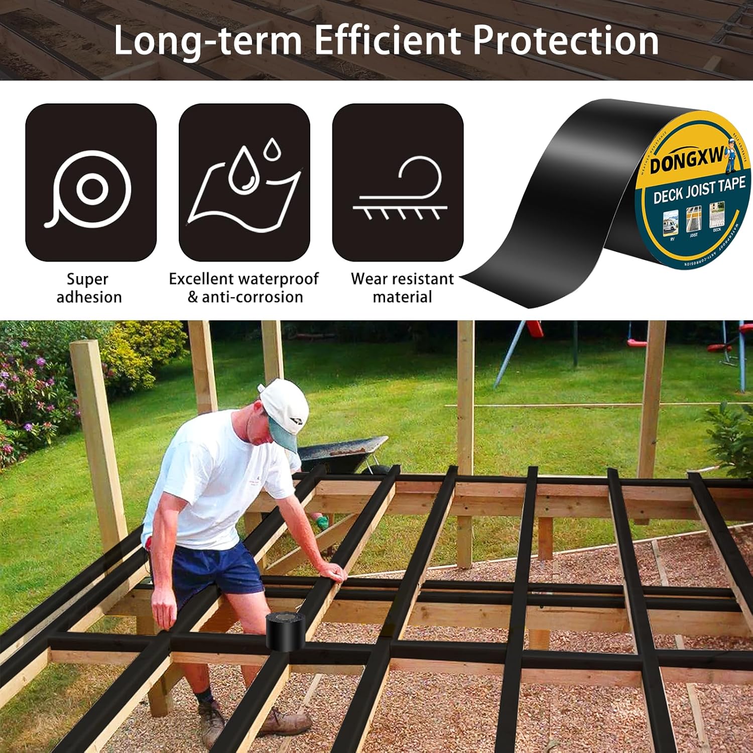 Dongxw Joist Tape for Decking, 1 Roll 4" X 50' Waterproof Butyl Tape Deck Joist Flashing Tape for Joists and Beams