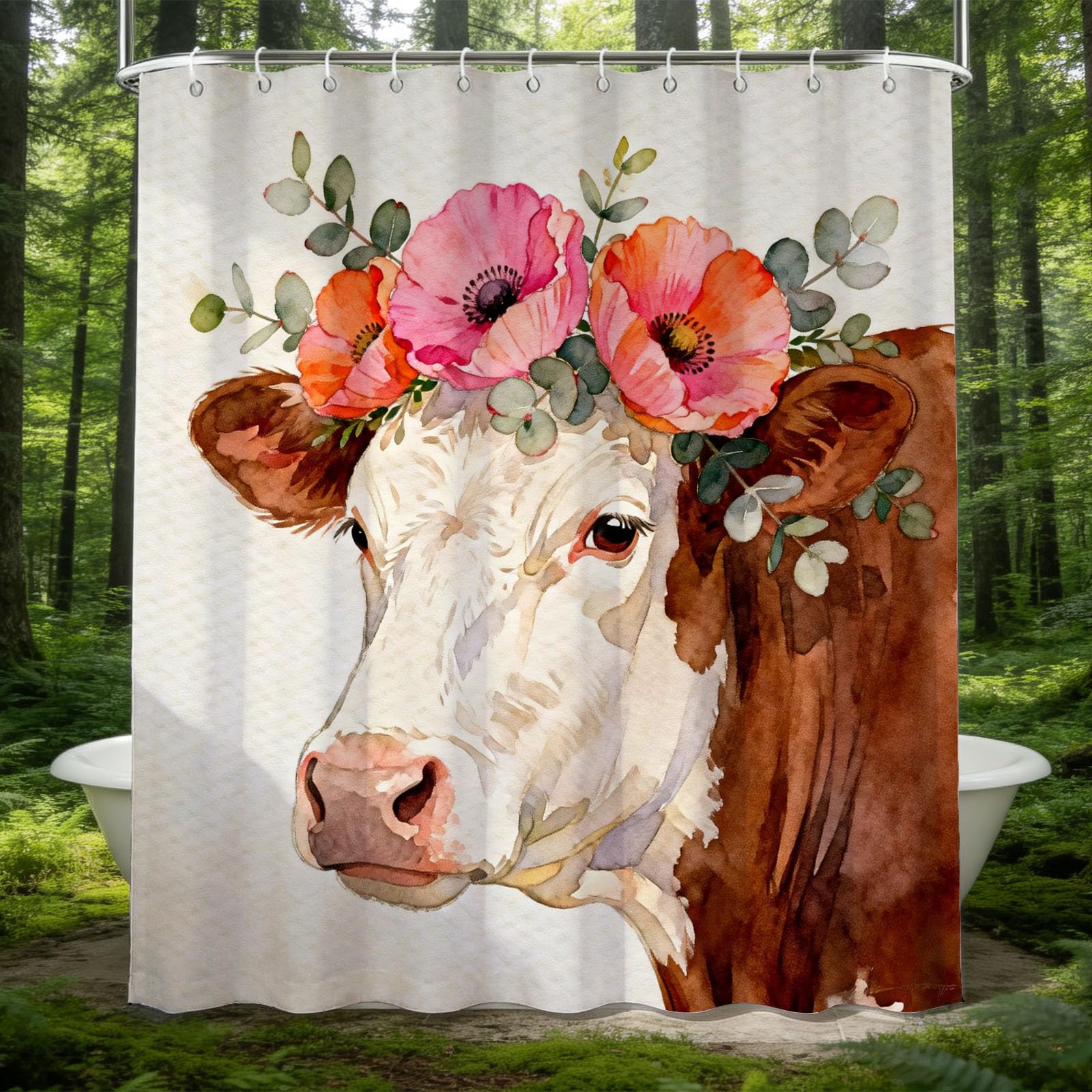 Hongduo White 3D Watercolor Cow Shower Curtain For Stalls Bathtubs Watercolor Bathroom Decor Shower Curtain Set Polyester Fabric Waterproof 180X180cm/71X71 Inch With Hooks