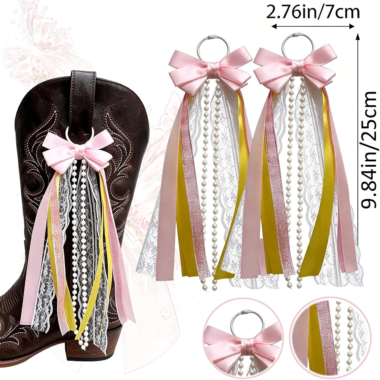 Ribbon Bows for Cowboy Boots, 9.84" Lace Pearl Tassel Charms, 2PCS | Great for game day, party & holiday decor. Fits most boots, Adds western flair, Multi-color options