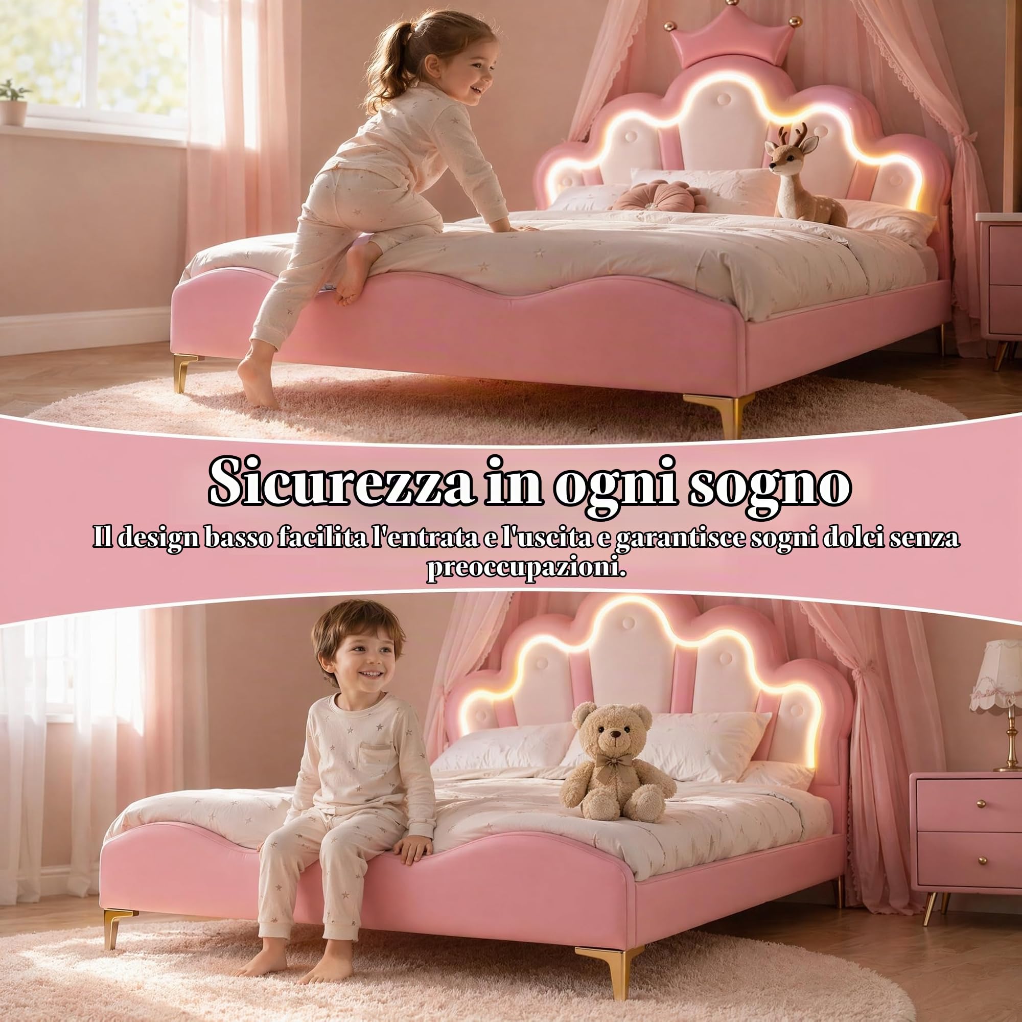 Letto matrimoniale imbottito per bambini, 140 x 200 cm, letto per ragazze con testiera LED imbottita e rete a doghe, in poliuretano, senza materasso (Rosa, 140x200cm)