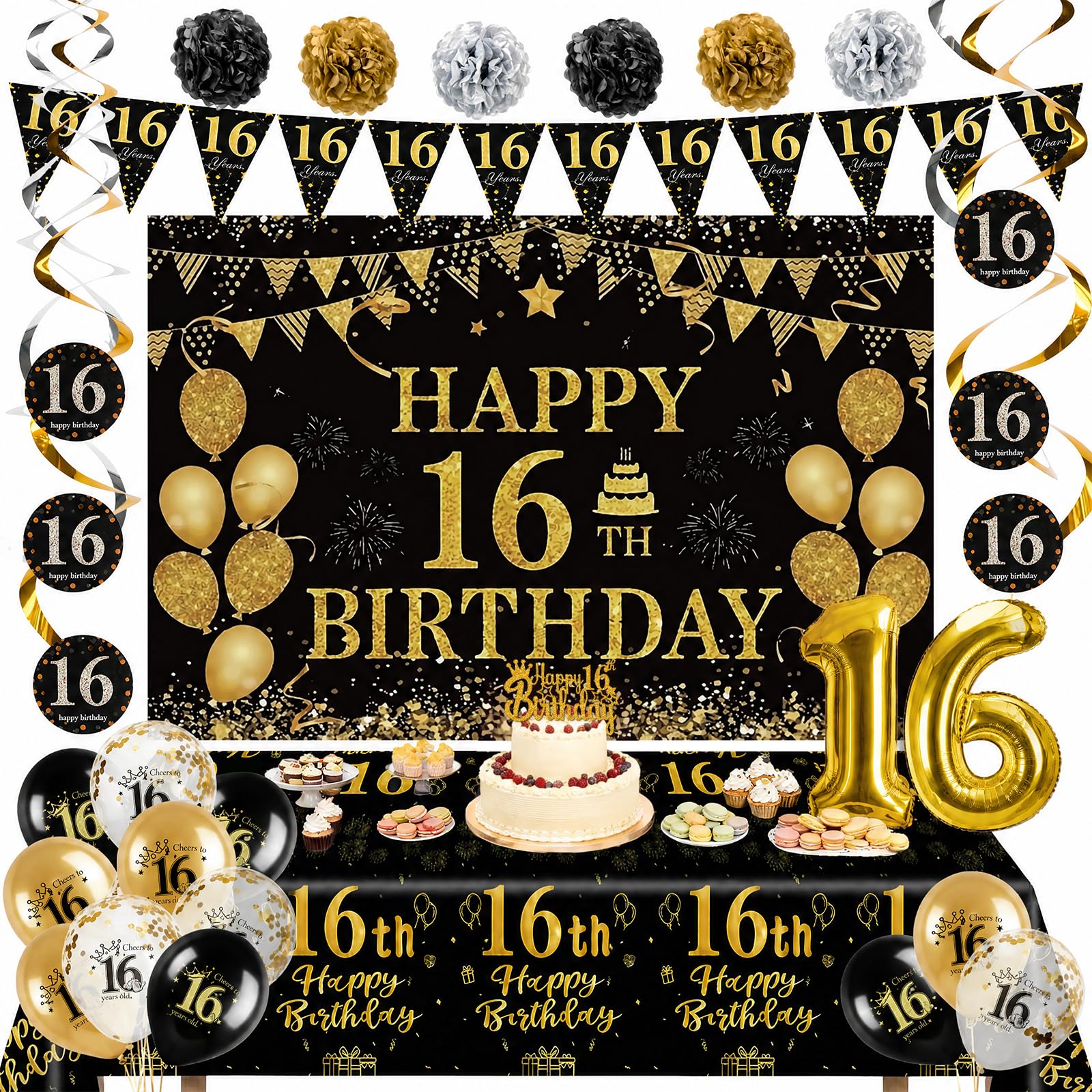 16th Birthday Decorations for Men Women, 16 Years Old Party Decor Supplies