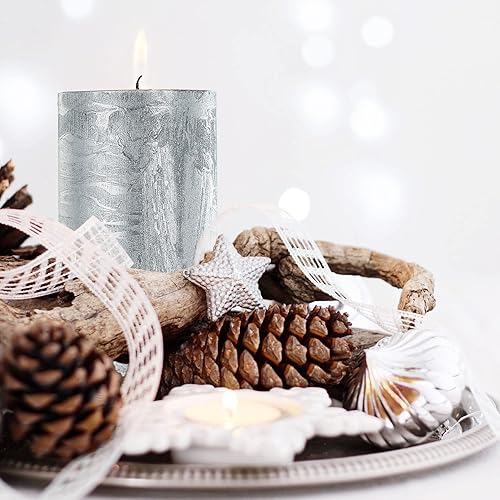 Miniatura 4 de Velas de pilar de plata rústica, velas plateadas de 2.8 x 5 pulgadas, paquete de 2 velas metálicas sin perfume para decoración del hogar y vacaciones