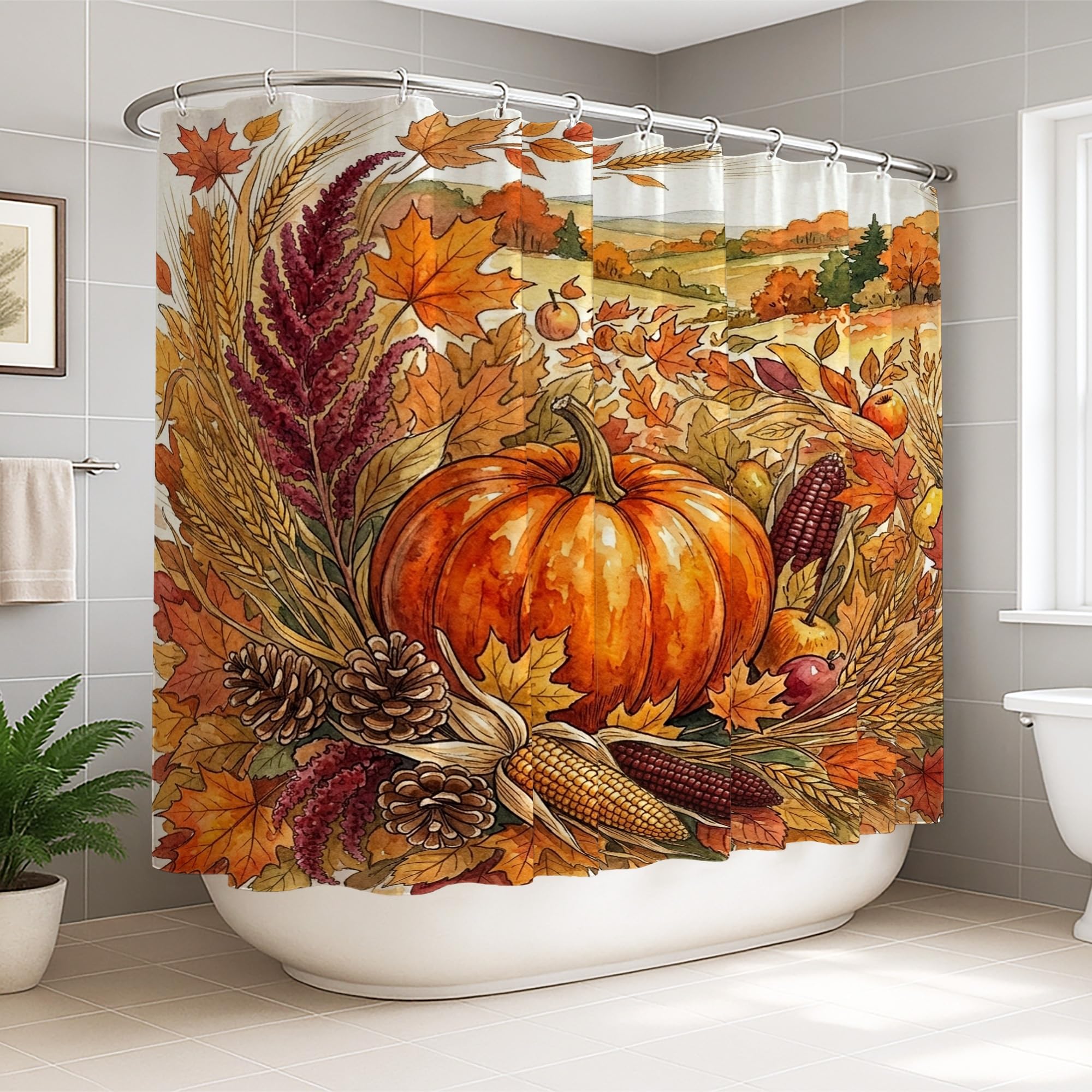 Rideau de douche extra large lavable orange automne avec crochets pour rideaux de salle de bain