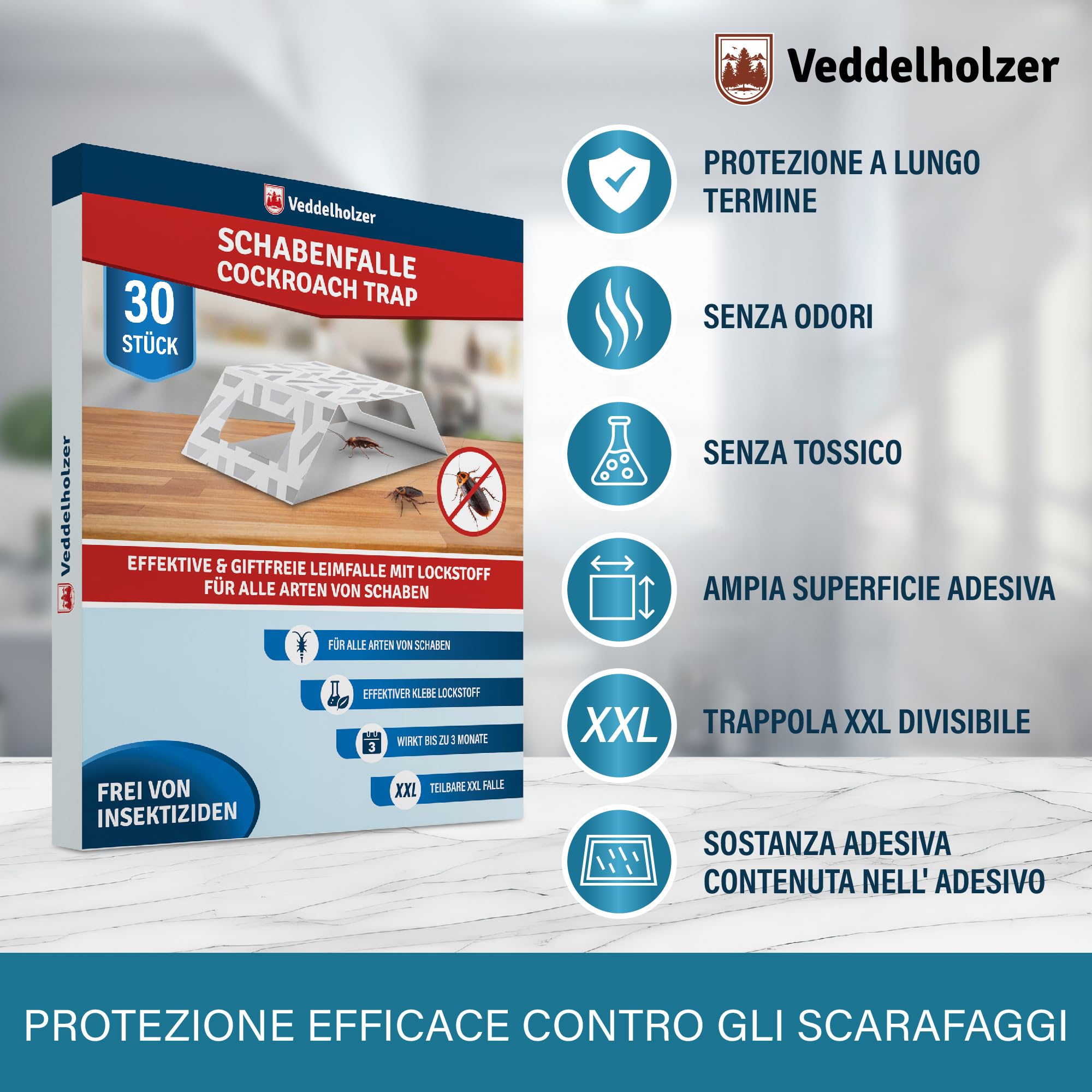 Veddelholzer XXL 2 in 1 trappola per scarafaggi divisibile con esca integrata Attrattivo 30 pezzi Trappola efficace contro tutti i tipi di scarafaggi Non tossica