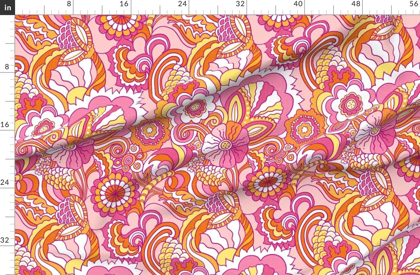 Spoonflower Fabric - Retro Pink Floral Psychedelic Flower Wildflowers Bold Happy Cheerful Printed on Organic Cotton Sateen Fabric by The Yard - Sewing Quilting Apparel Home Decor
