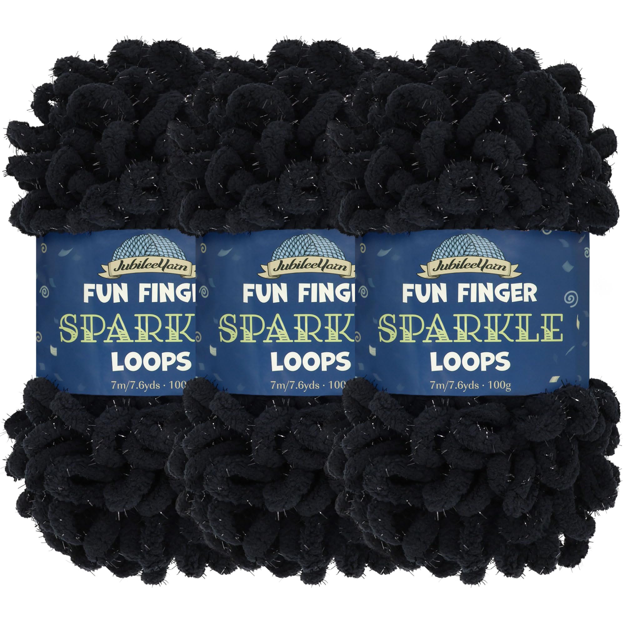 Fil en polyester à tricoter JubileeYarn Fun Finger Sparkle Loops noir 3 écheveaux de 100g