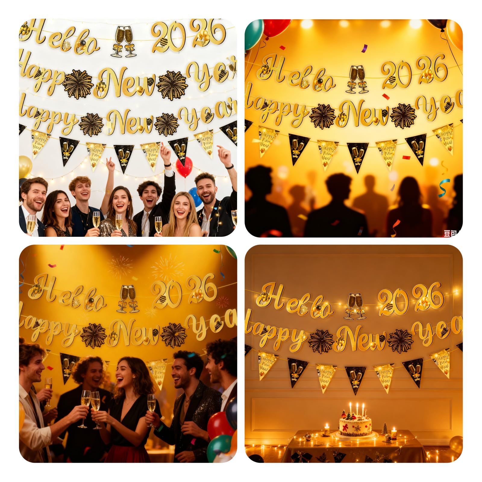 3 Pcs Happy New Year Party Decorations Happy New Year Pom Triangle Flag Banner Swirls Garland Hanging Bunting Black Banner With Gold Black Christmas Themed Supplies Decorations