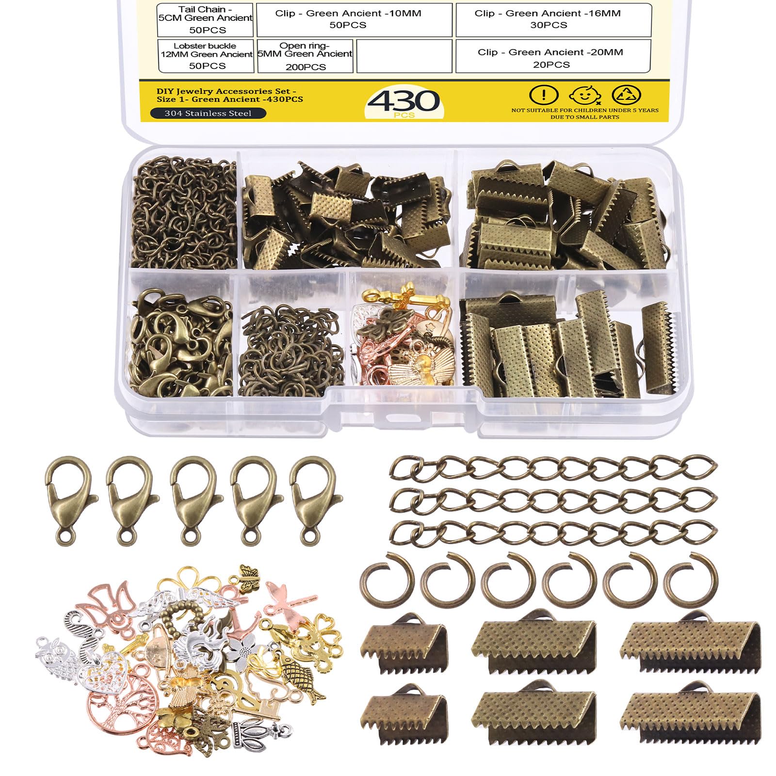 Mardatt430Pcs Bronze Jewelry Making Kit Includes Lobster Clasps, Ribbon Ends Crimps, Open Jump Rings, Chain Extenders and Charms Pendants for DIY Necklaces Earrings