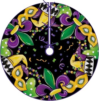 Mardi Gras Christmas Tree Skirt, 48 Inches Lace-up Fleur De Lis Mask New Orleans Carnival Tree Skirt, Love Heart Beads Masquerade Holiday Party Indoor Decoration Home Decor
