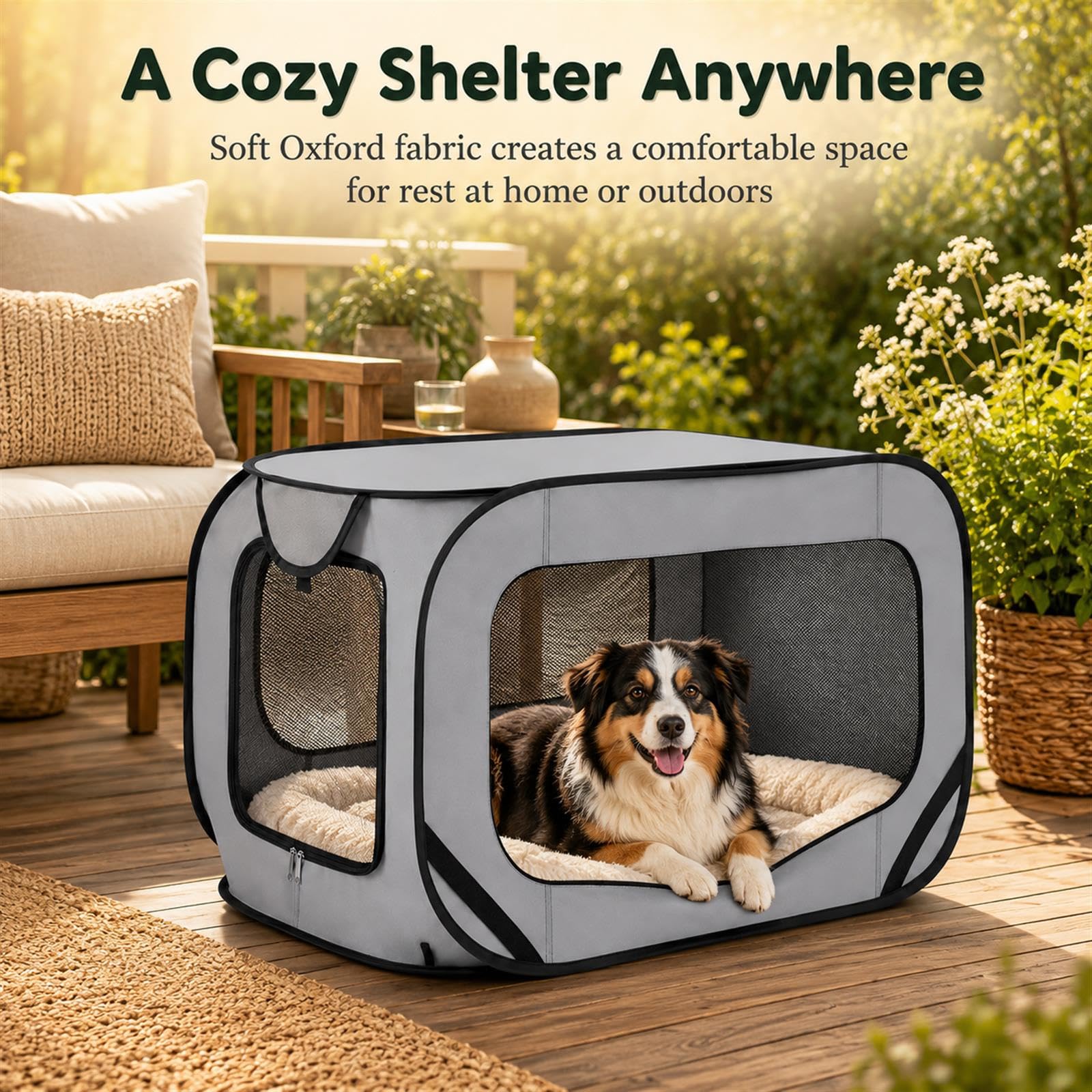GOOGO Faltbare Hundebox Faltbar, 92×52×52 cm, Oxford Stoff Weiche Hundetransportbox Auto mit Atmungsaktivem Netz und Tragbarem Design, für Zuhause, Camping und Reise, bis 29 kg (Grau)