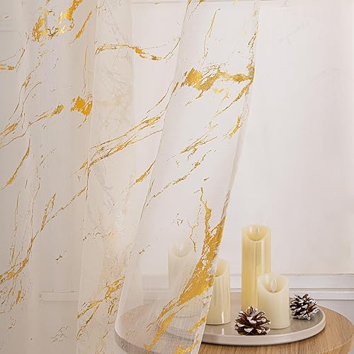 Miniatura 16 de Cortinas Transparentes de Mármol Blanco Dorado 2 Paneles para Dormitorio Sala de Estar, Dorado Metálico 84 Pulgadas de Largo, Bolsillo para Barra