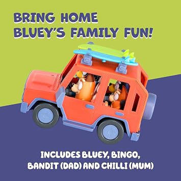 Bluey Heeler 4WD Family Toddler Toy Car with 4 Figures, Surfboards and Sticker Sheet, Pretend Play, Bluey Toys for Kids Ages 3+