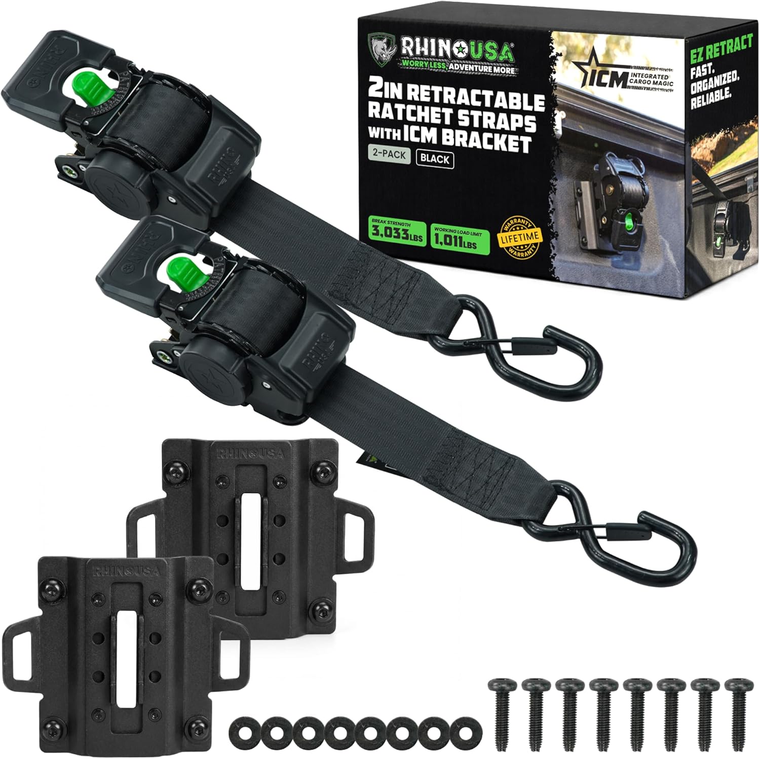 Rhino USA Integrated Cargo Magic Bed-Mounted Retractable Ratchet Straps for Ford Trucks (2015+ F-150 & 2017+ F-250) – BoxLink Compatible, Removable, 360° Swivel, Heavy-Duty Tie Downs
