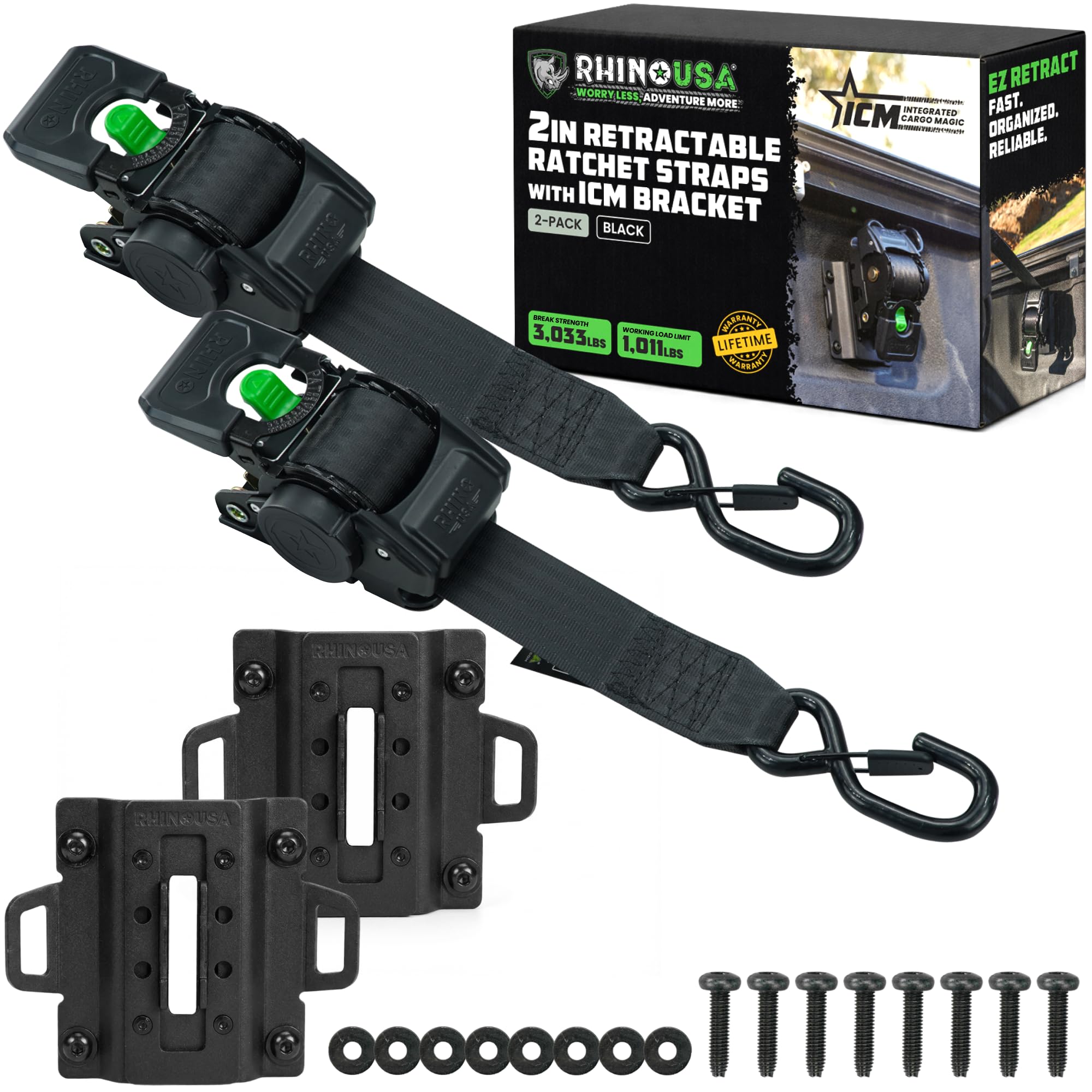 Ford Only – Rhino USA Integrated Cargo Magic Bed-Mounted Retractable Ratchet Straps (2PK) for Ford F150 (2015+) & F250 (2017+) – BoxLink Compatible, 360° Swivel, Heavy-Duty Tie Downs