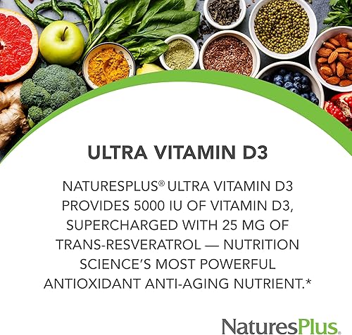 Miniatura 3 de Natures Plus Vitamina D3, liberación prolongada  90 tabletas veganas  5000 UI + 25 mg de trans-resveratrol  Salud del corazón y los huesos, apoyo al