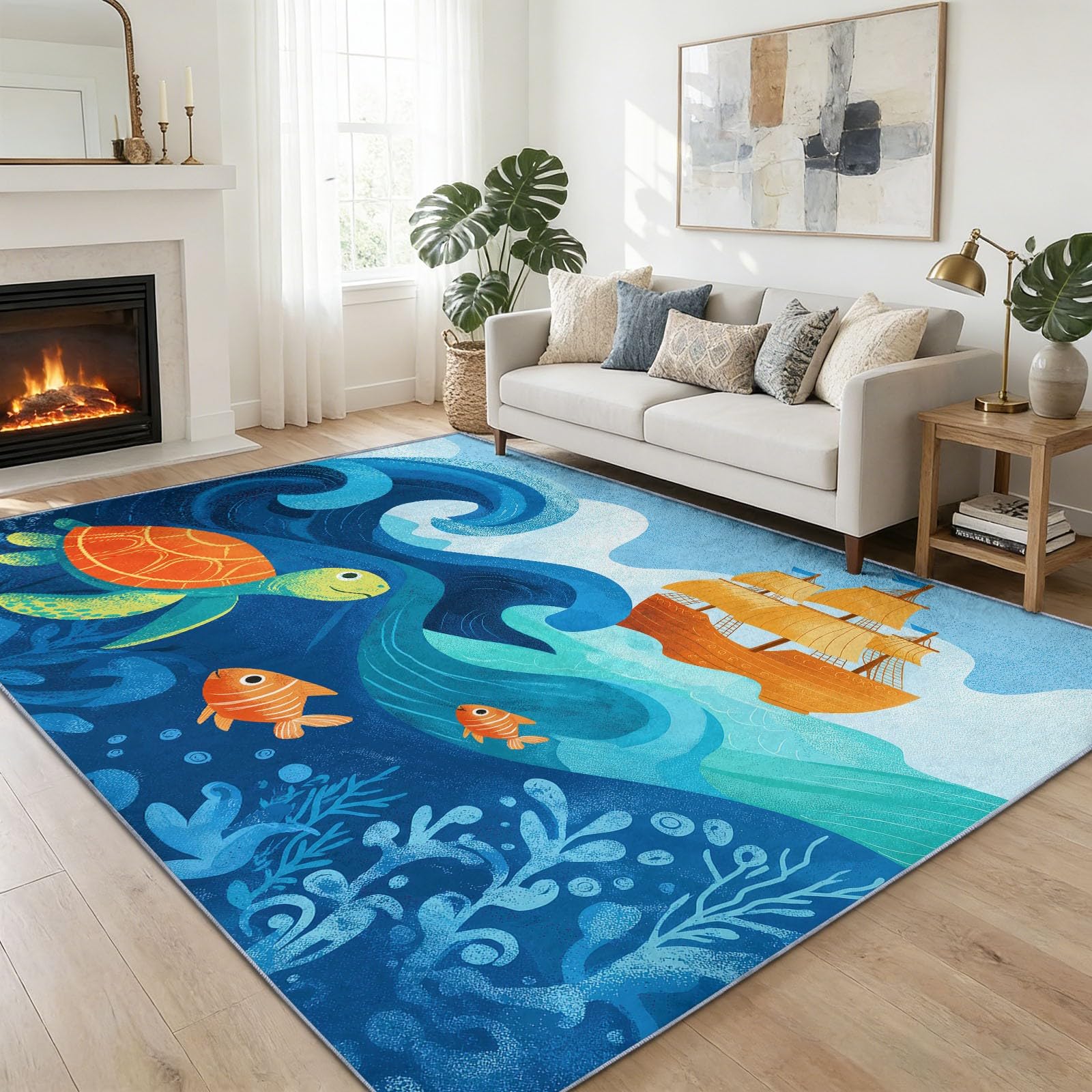 Alfombra suave antideslizante 120 x 170 cm barco pirata de dibujos animados olas tortuga alfombra de dormitorio pelo Ras, tema marítimo antideslizante moqueta, para dormitorio, pasillos, salón cocina