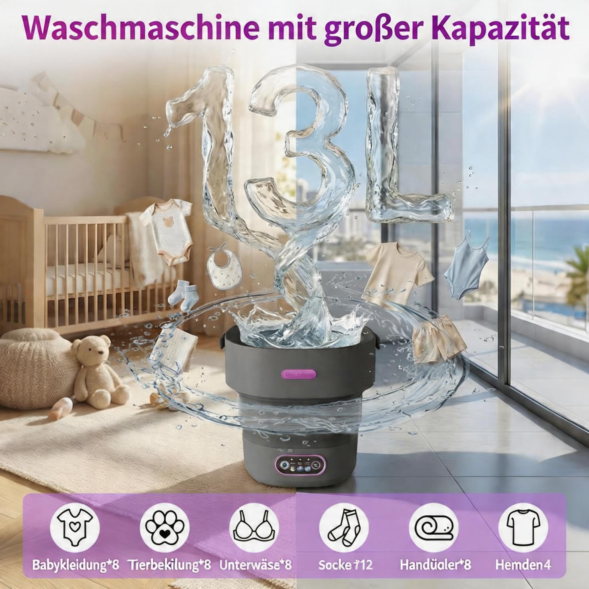 13L Faltbare Mini Waschmaschine, Tragbare Waschmaschine Mit Schleuderkorb & 4 Waschprogrammen, Tiefenreinigung Für Unterwäsche Und Babykleidung, Ideal Für Camping, Wohnmobil, Reise & Wohnung