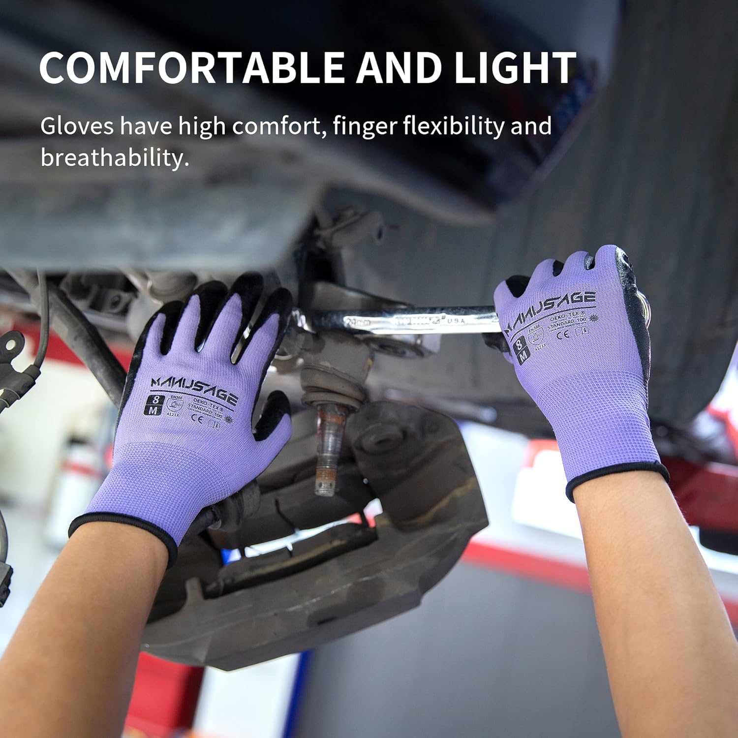 MANUSAGE Safety Work Gloves for Men and Women With Touchscreen Fingers, Nitrile Grip, Mechanics (Size L, Purple, 24-Pairs)