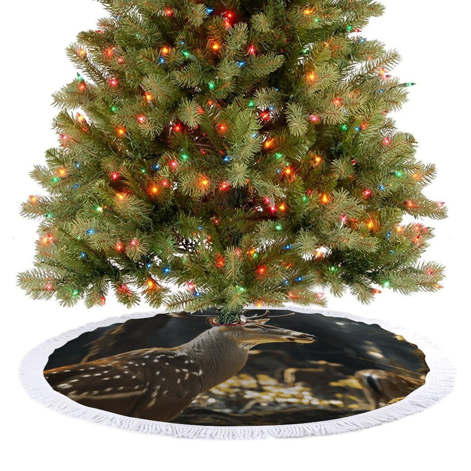 Deer in Wild Christmas Tree Skirt 30"x30" Rustic Xmas Tree Mat with Tassel Ornament Christmas Trees Cover Skirt Mat for Evergreen Trees Ornament Winter Holiday Mats Decorations