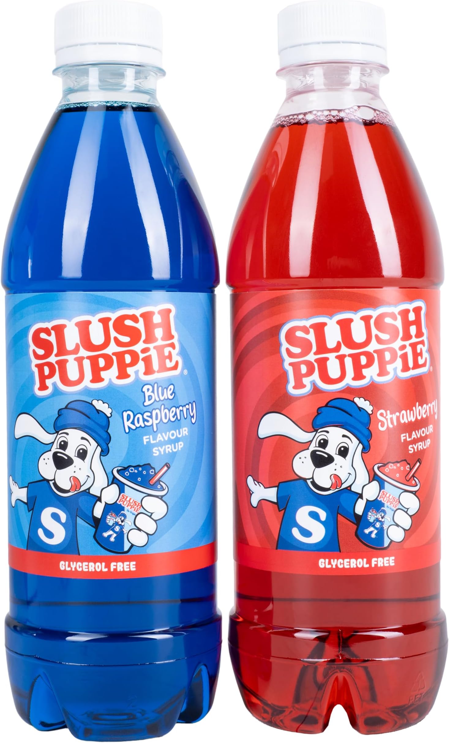 Slush Puppie Syrup Pack of 2 Flavours. Includes Iconic Blue Raspberry & Strawberry flavours. 2 x 500ml Bottles. Officially Licensed Slush Puppy Merchandise. Glycerol Free. Classic Slushy Flavours.