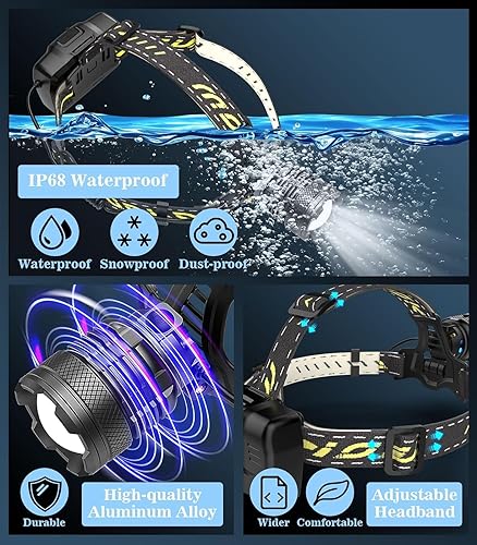 Miniatura 5 de MoKo Linterna frontal recargable de 150000 lúmenes, batería de 60 horas de duración desmontable, 8 modos súper brillante, bombilla de 50 W, IP68,