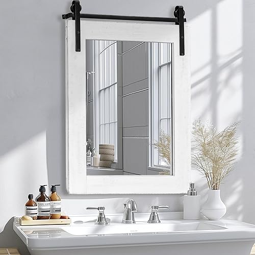 Miniatura 9 de Espejo de pared de granja, 22 x 30 pulgadas, espejos de pared con marco de madera rústica, estilo puerta de granero, espejo decorativo rectangular