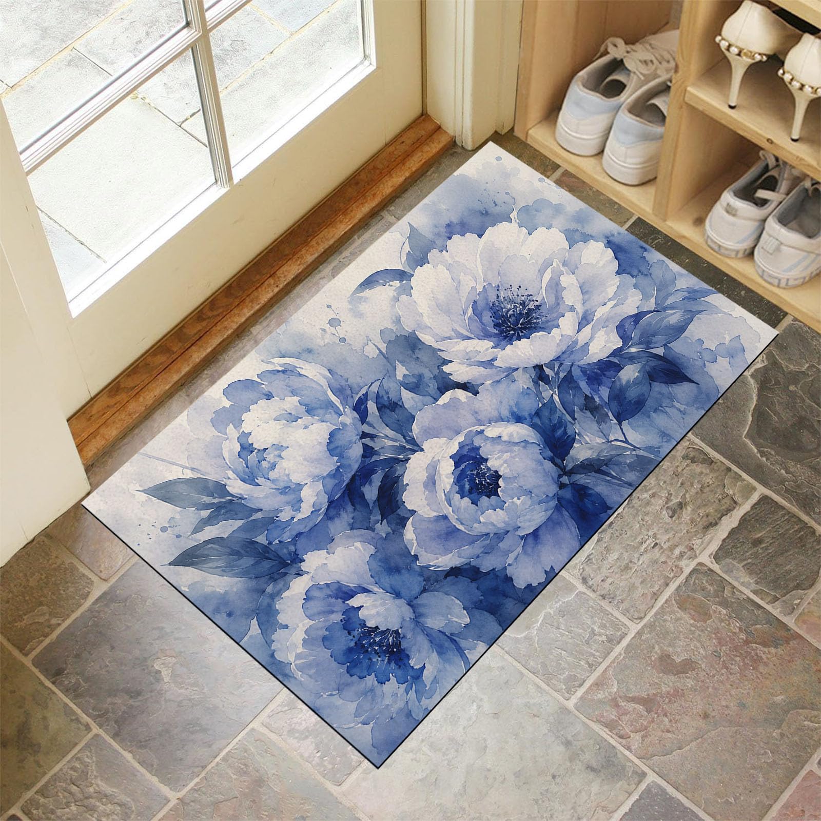 60X90Cm Zerbino Ingresso Interno Antiscivolo Assorbente, Tappeto Microfibra Sottile Lavabile Con Peonia Acquerello Sfumato Piante Della Tranquillità Orientale Per Cucina Bagno Porta Animali, Indaco