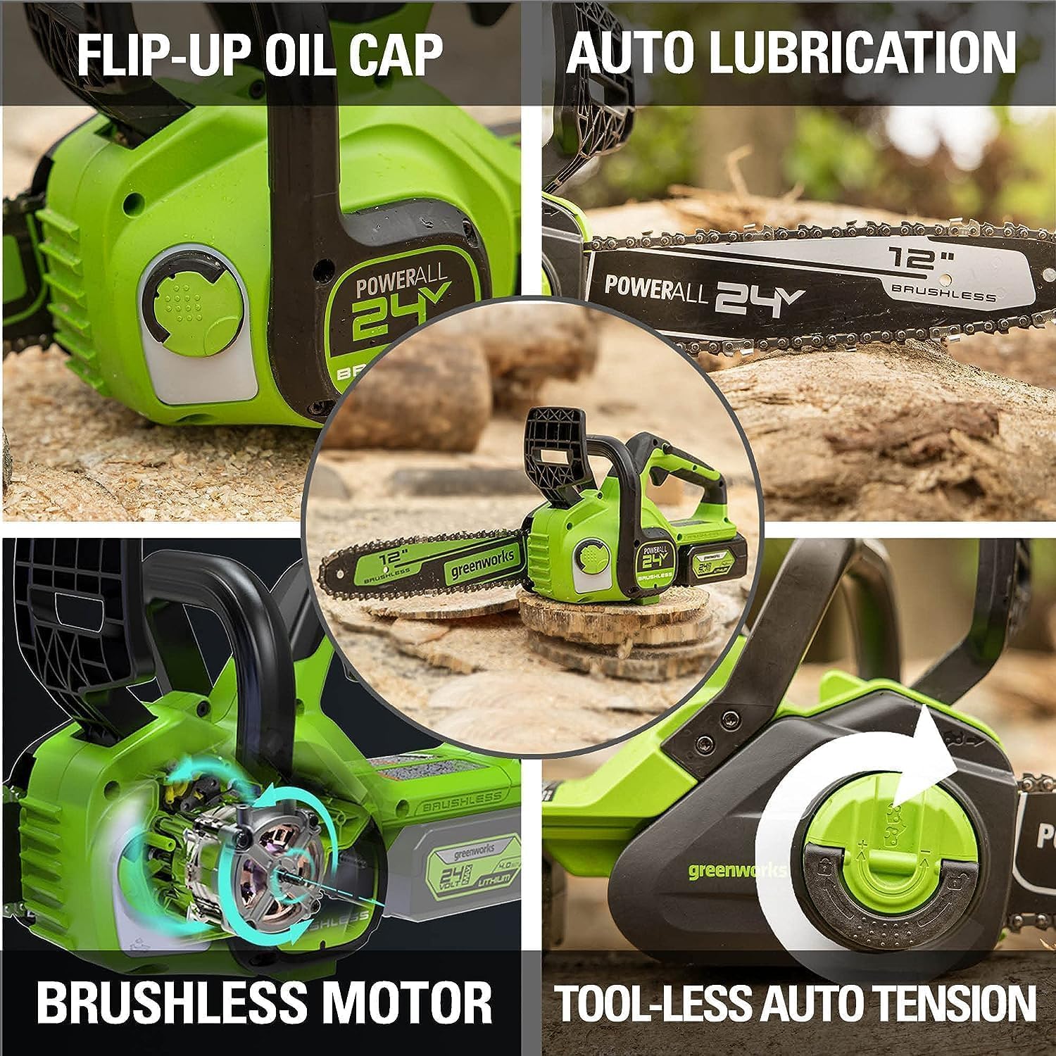 Greenworks 24V 12" Brushless Cordless Compact Chainsaw (Great For Storm Clean-Up, Pruning, and Firewood / 125+ Compatible Tools), Tool Only