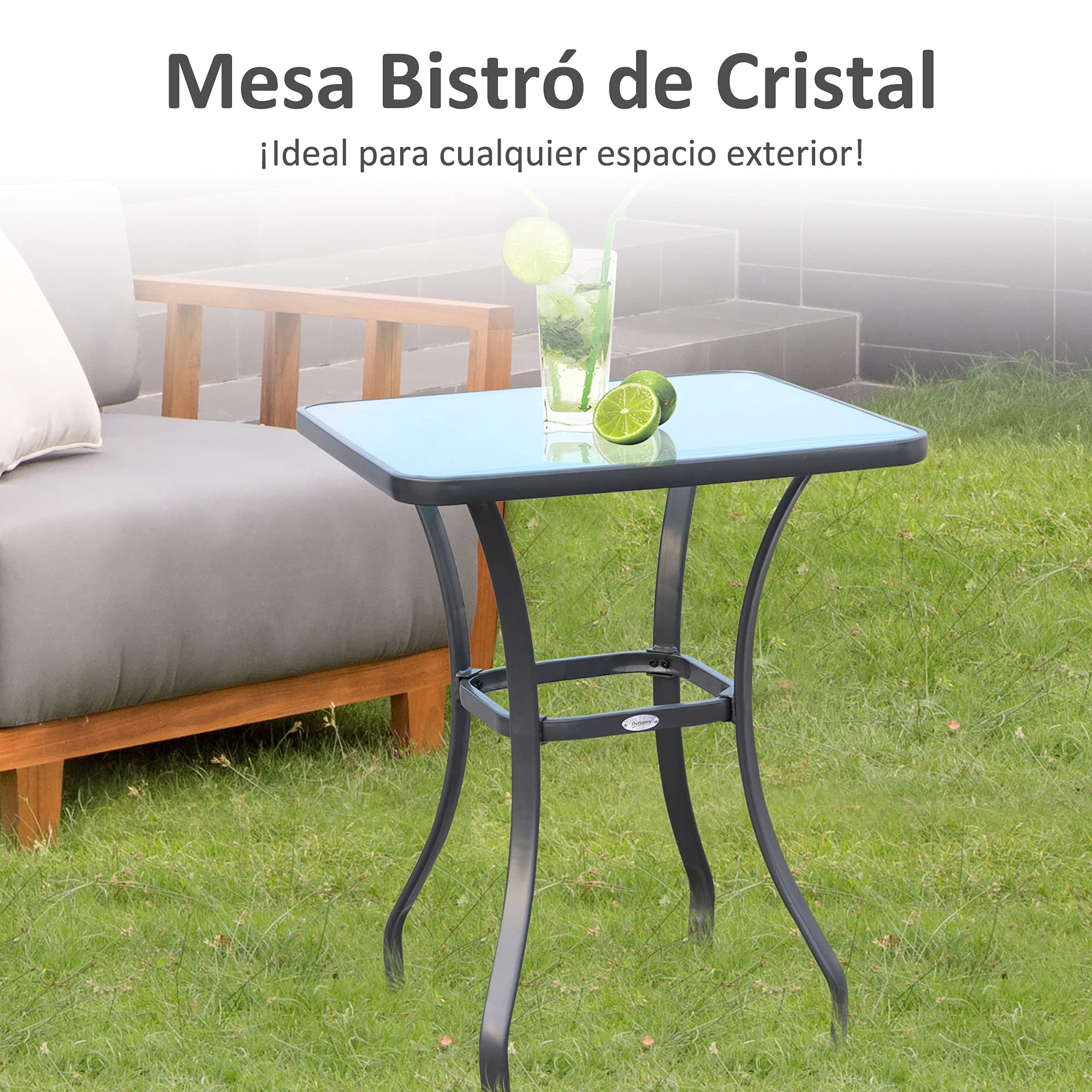 Outsunny Mesa Auxiliar de Cristal Templado Cuadrada Bordes Redondeados Mesita Café para Patio Terraza Balcón Negro y Transparente 68,5x68,5x84 cm