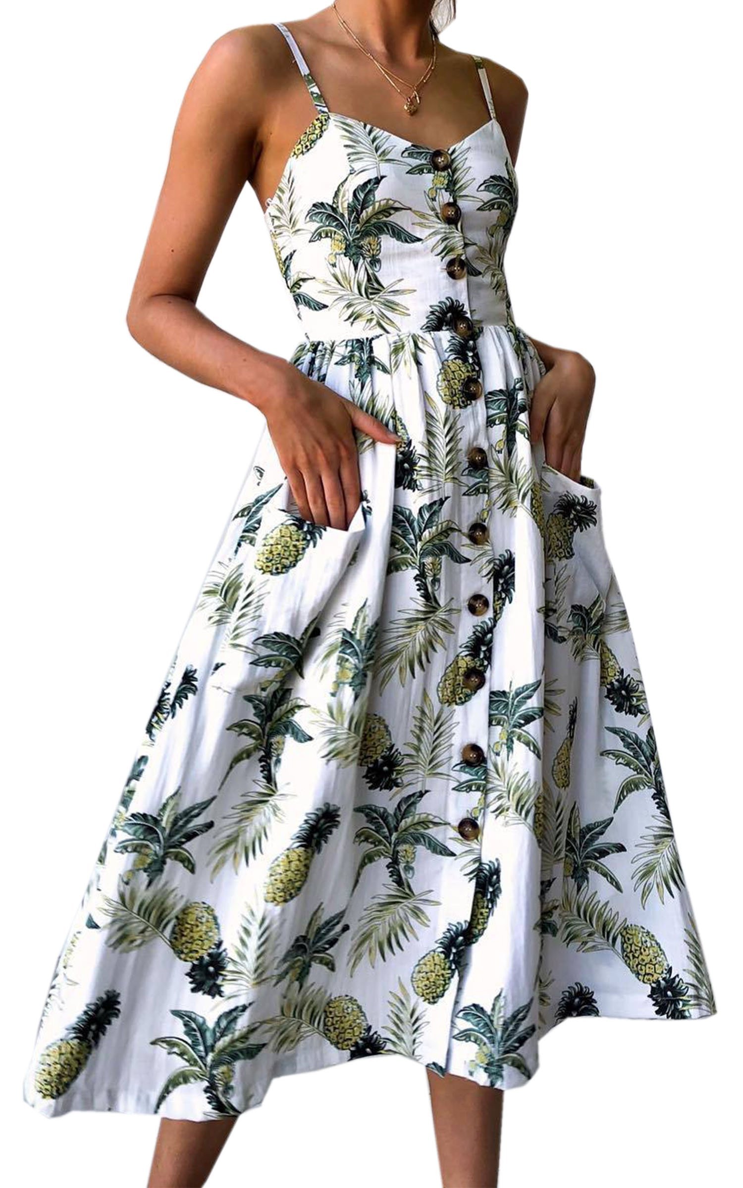 Angashion Women's Dresses-Summer Floral Bohemian Spaghetti Strap Button Down Swing Midi Dress with Pockets