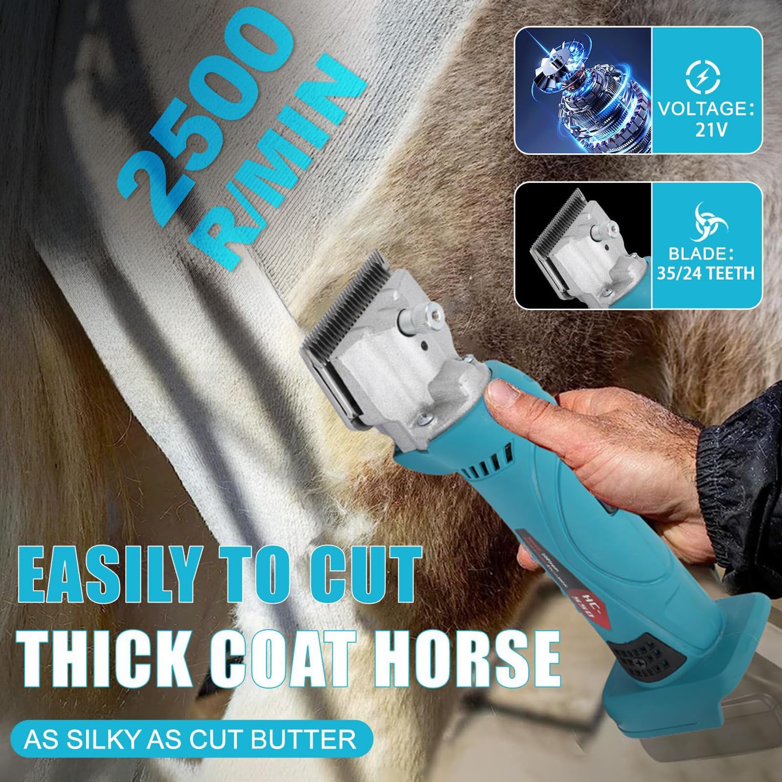 Esquiladora Eléctrica para Caballos 500W, Esquiladora Inalámbrica para Ganado 21V con 2 Baterías & Ajuste de 6 Velocidades, Cuchillas de Acero al Carbono 2500 rpm Cortadora Eléctri Blue-B 2 Batteries